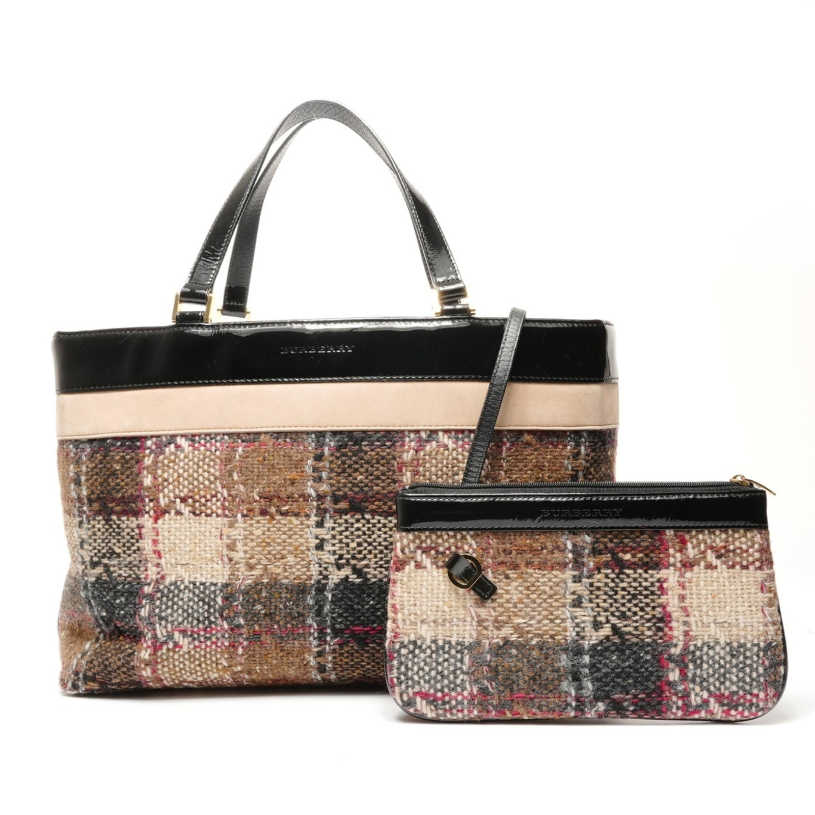 Tweed Handbag Burberry: Tweed Handbag Burberry Tweed Handbag from Burberry, a classic design in beige, features a sturdy handle drop of 15cm and a compact size of 23cm x 22cm x 1.5cm. Made from high-quality tweed material,