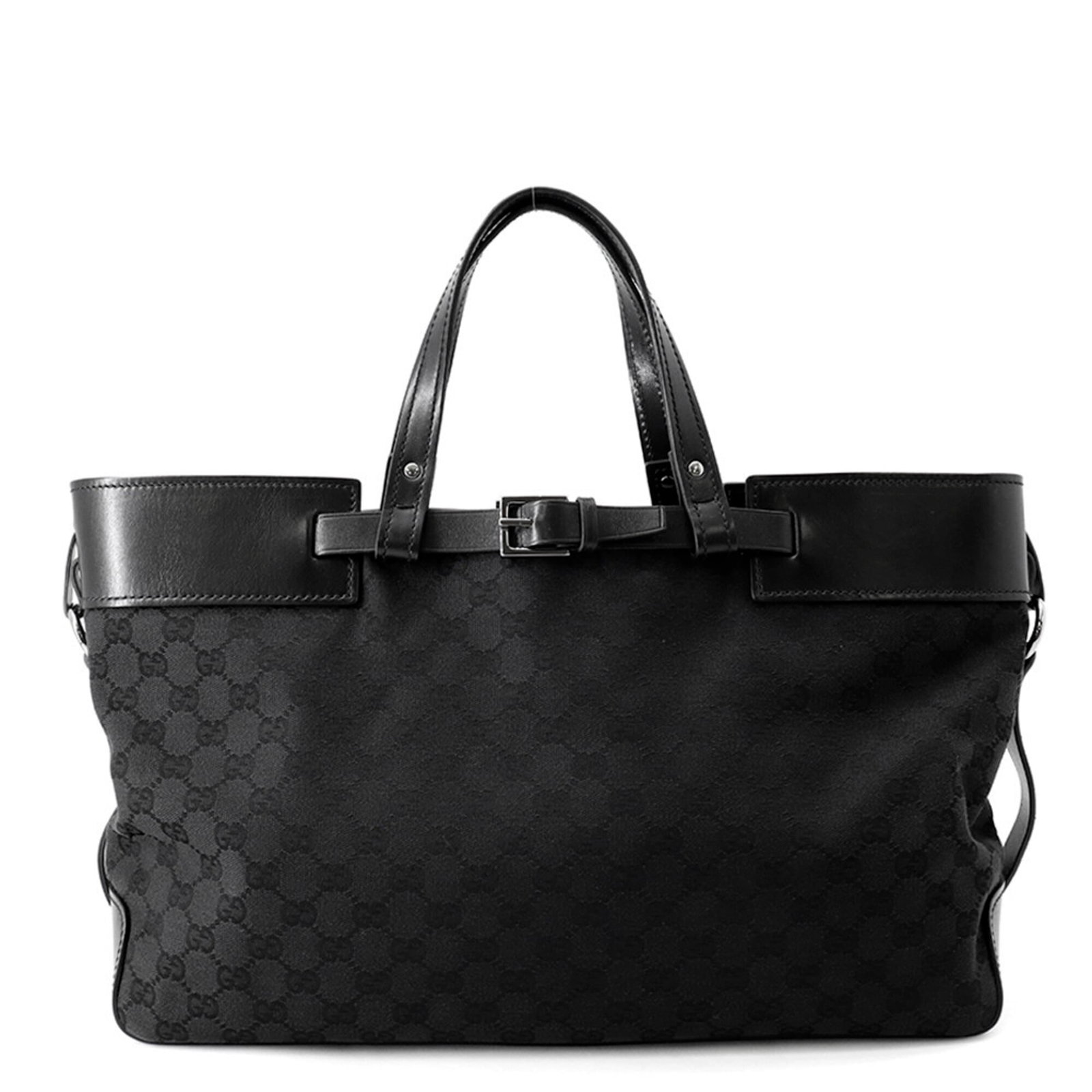 Canvas Leather Gg Gucci Tote Handbag: Canvas Leather Gg Gucci Tote Handbag GG canvas and leather combine in this iconic Gucci tote bag, designed with a timeless black color that adds sophistication to any outfit. Measuring 25cm x 40cm x