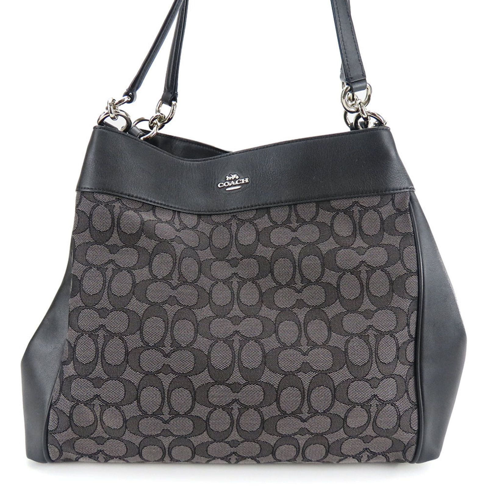 Canvas Leather Tote Bag Coach: Canvas Leather Tote Bag Coach Canvas Leather Tote Bag by Coach: A sleek and sophisticated black tote bag crafted from canvas and leather, measuring 28cm x 35cm x 16cm. The bag's understated design