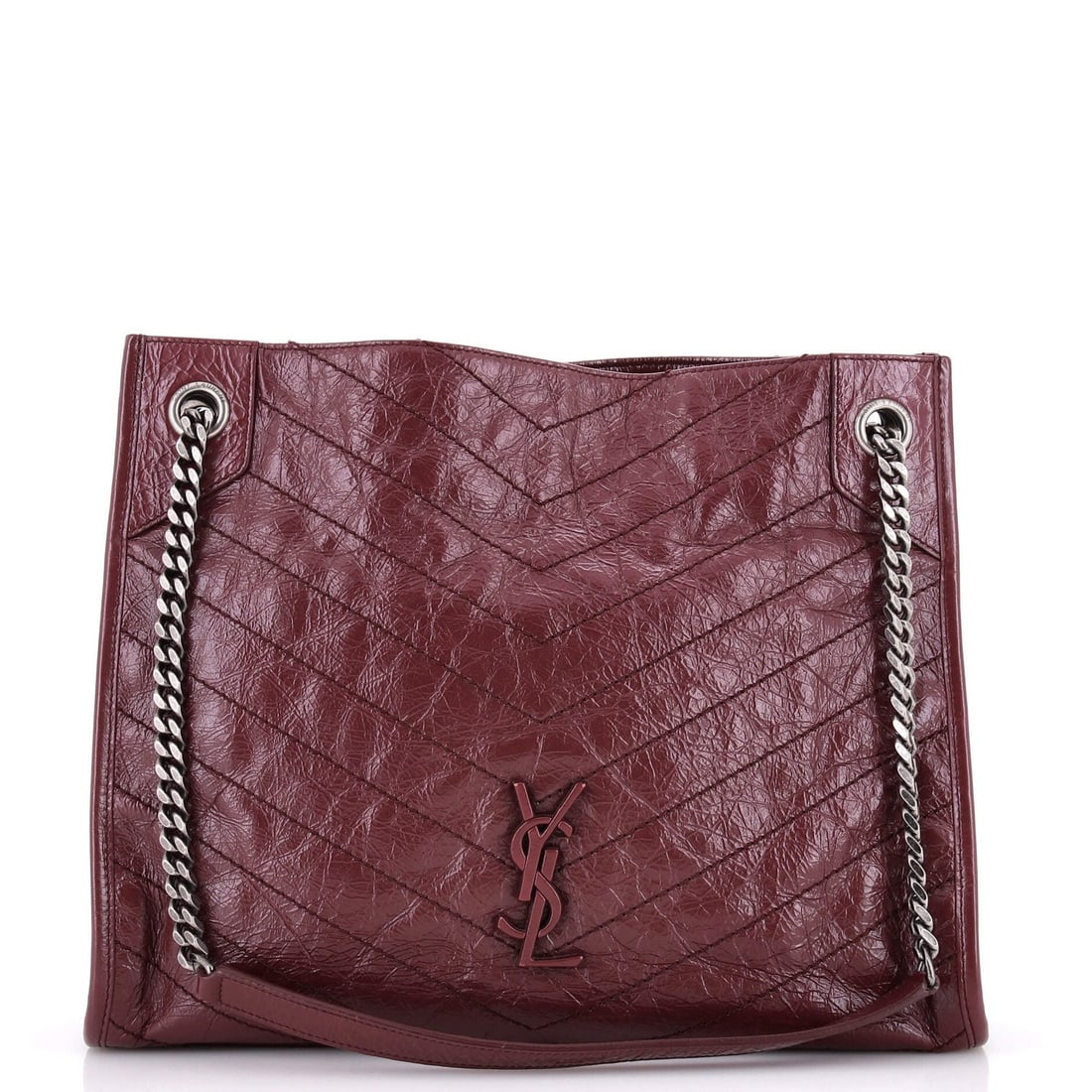 Niki Saint Laurent Tote Matelasse Leather Chevron Medium: Niki Saint Laurent Tote Matelasse Leather Chevron Medium Burgundy leather chevron pattern adds a touch of sophistication to this medium-sized tote from Saint Laurent. With a classic matelasse design