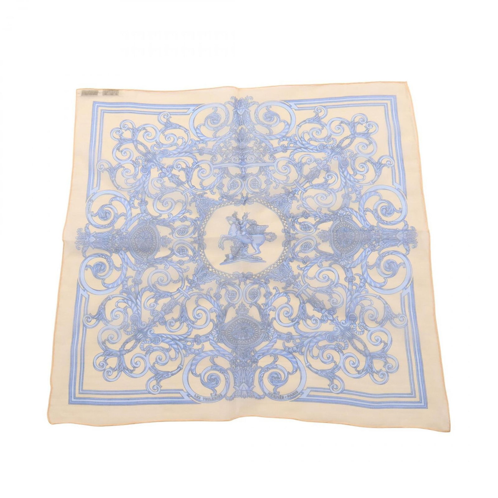Silk Hermes Scarf: Silk Hermes Scarf Silk from the renowned French fashion house, this 42cm x 42cm beige and blue silk scarf is a timeless piece of elegance. Crafted from high-quality silk, its soft texture and subtle c