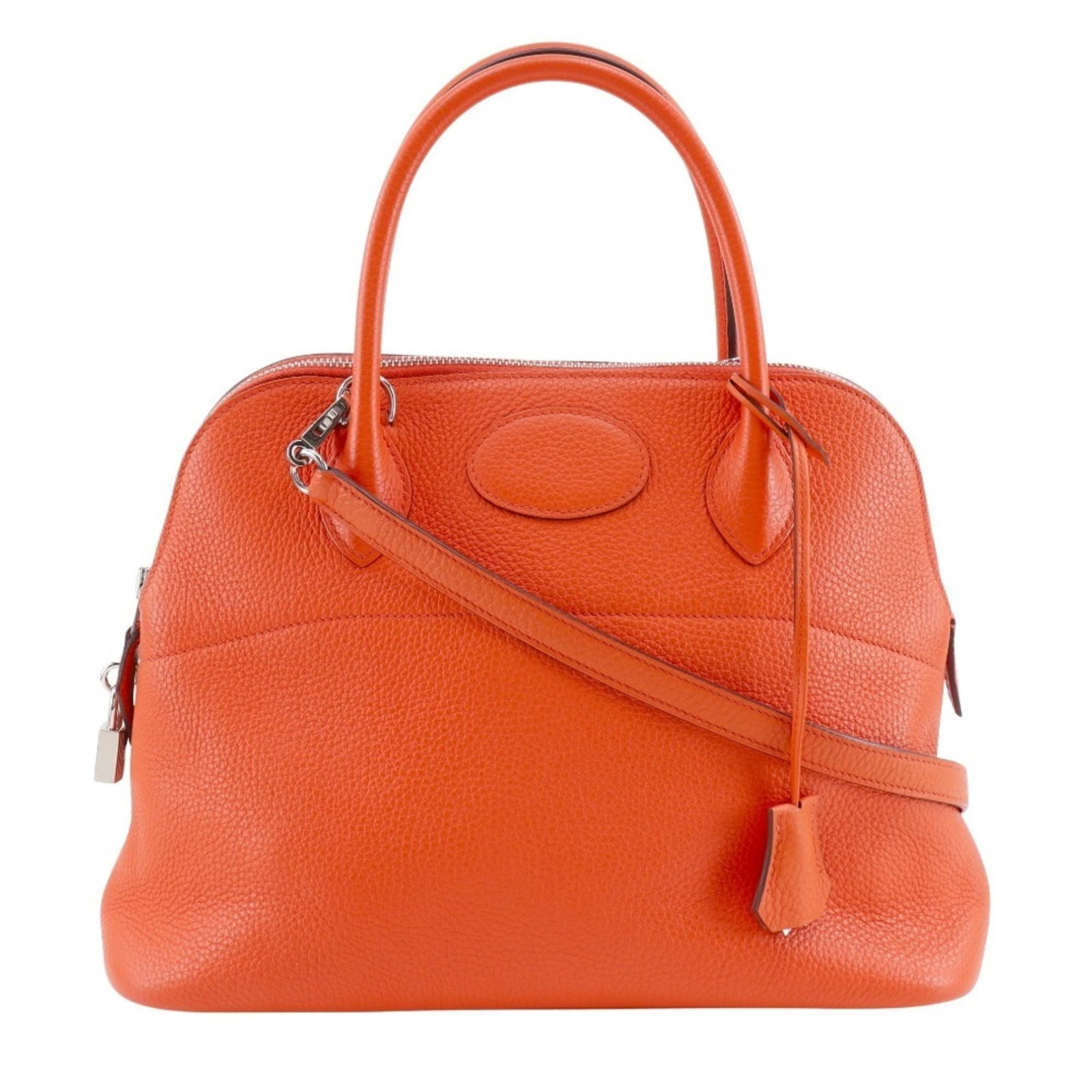 Clemence Leather Handbag Taurillon Hermes: Clemence Leather Handbag Taurillon Hermes Taurillon clemence leather handbag from the iconic Hermes Bolide line, featuring a vibrant orange color and sleek design. This stylish accessory boasts a