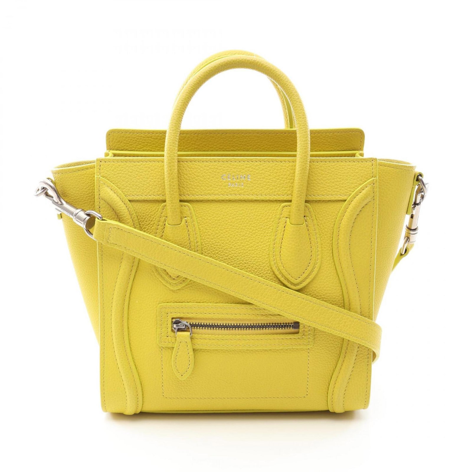 Celine Handbag Leather: Celine Handbag Leather Yellow Celine MPN 168243LUG Handbag Leather. Made from high-quality leather, this 20cm x 20cm x 9cm handbag features a striking yellow color. The bag's compact size and sleek