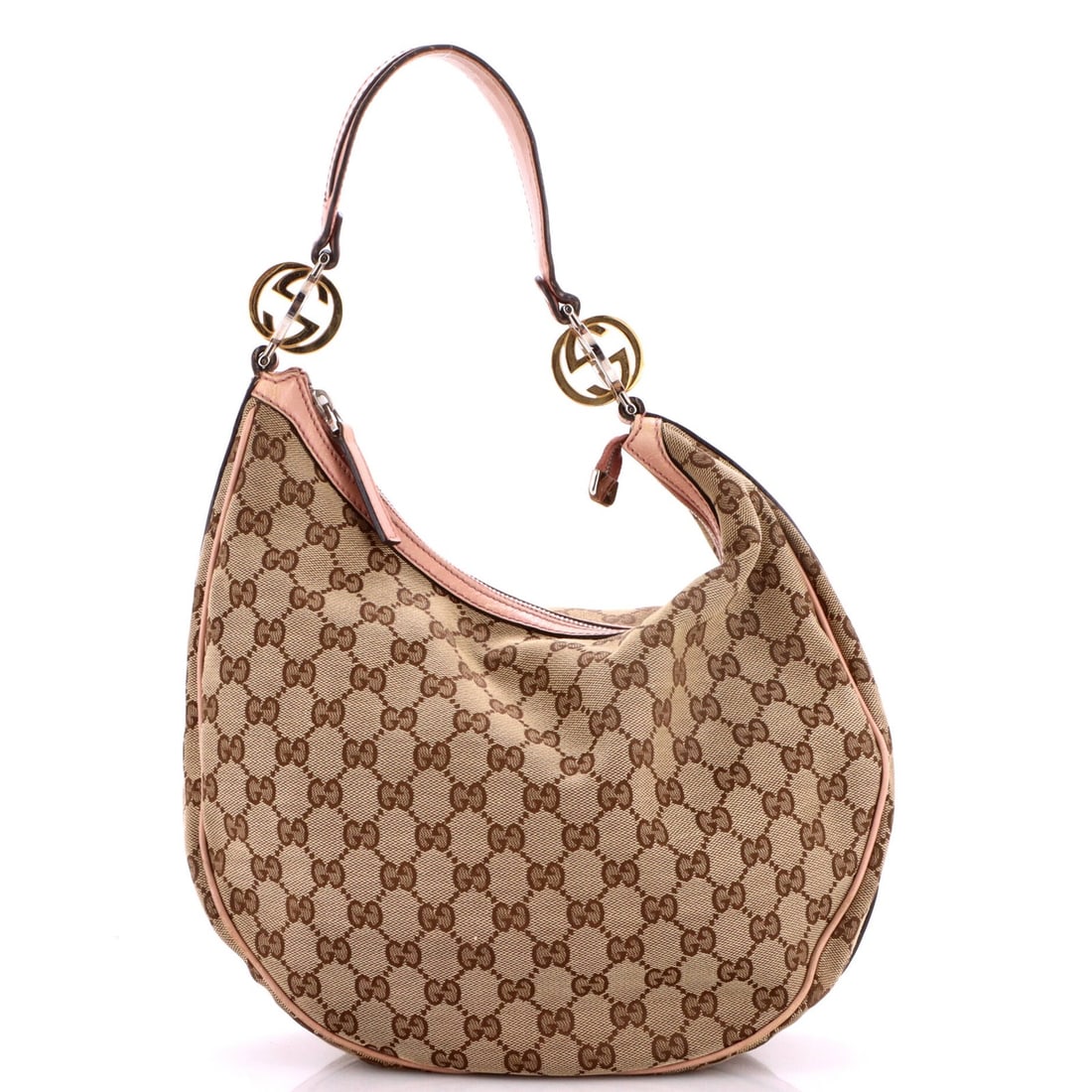Hobo Gucci Twins Medium GG Canvas: Hobo Gucci Twins Medium GG Canvas Brown Hobo Gucci Twins Medium GG Canvas Bag with Gold Hardware, featuring a classic design with scuffs, stains, and minor creases on the exterior, and moderate odor
