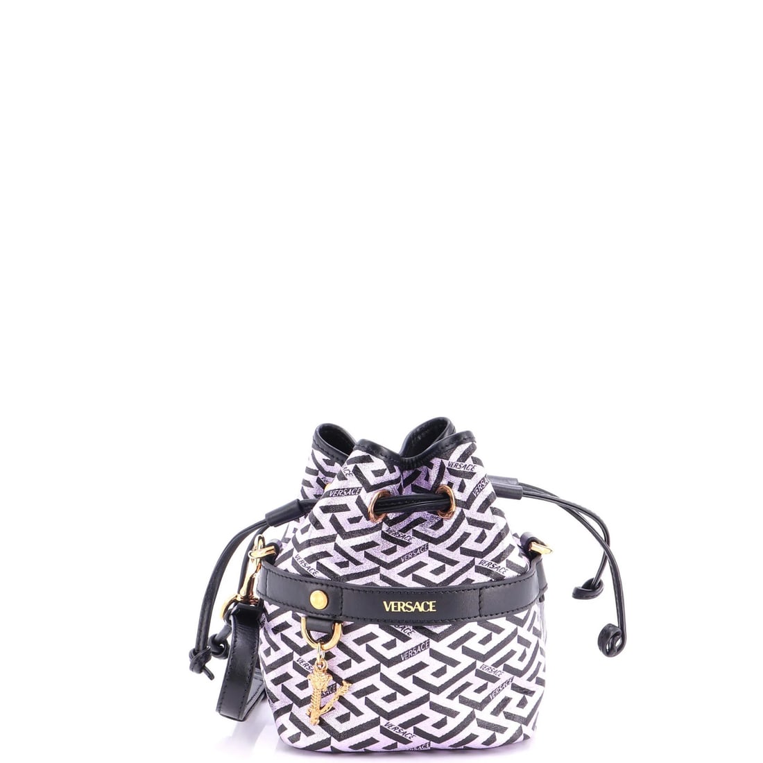Printed Canvas Bag Mini La Greca Versace: Printed Canvas Bag Mini La Greca Versace The Versace La Greca Bucket Bag is a stylish mini canvas bag with a rich purple exterior and black interior. With its gold hardware and minor creases, this min