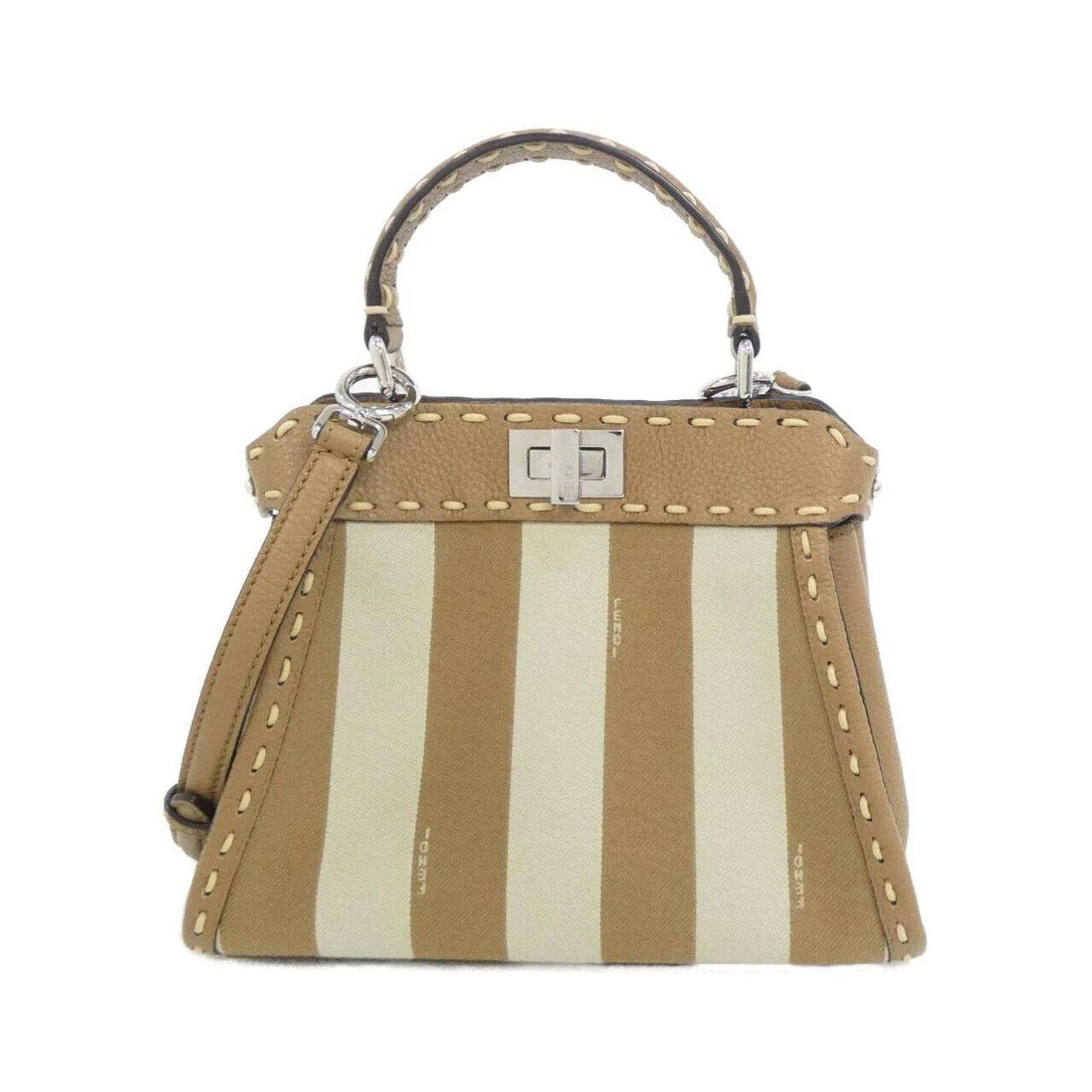 Canvas Leather Fendi Handbag: Canvas Leather Fendi Handbag Canvas Leather Fendi Handbag - A statement piece with a unique blend of canvas and leather materials, this beige and light brown Beaded Fendi handbag boasts elegant