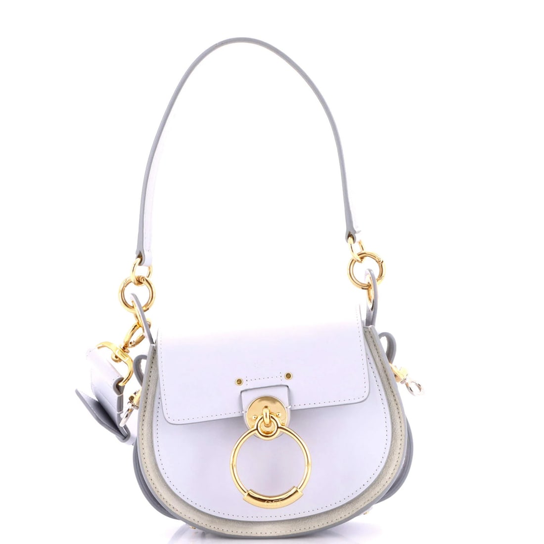 Chloe Tess Bag Leather Small: Chloe Tess Bag Leather Small Small Chloe Tess Bag Leather Suede in Blue, featuring a classic shoulder design with gold and silver hardware, measures 6.5" tall and 8" wide, with a 8.5" handle drop and