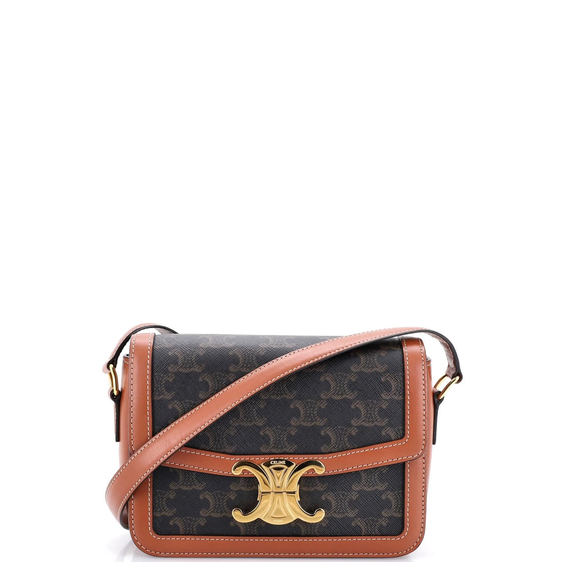 Shoulder bag coated canvas teen Celine Triomphe: Shoulder bag coated canvas teen Celine Triomphe Canvas Coated Celine Triomphe Shoulder Bag in Brown, featuring a classic design with minor cracking, creases, and scuffs on the exterior, and a