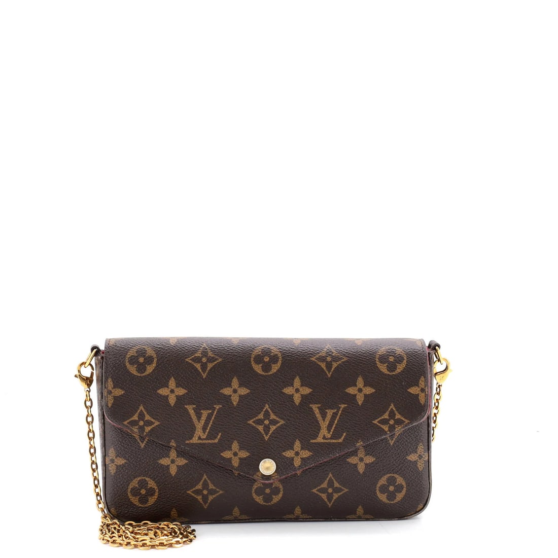 Monogram Pochette Canvas Vuitton Felicie Louis: Monogram Pochette Canvas Vuitton Felicie Louis Canvas coated Monogram Pochette with card holder and gold hardware, featuring a classic cross body design and signature Felicie Louis style. This brown
