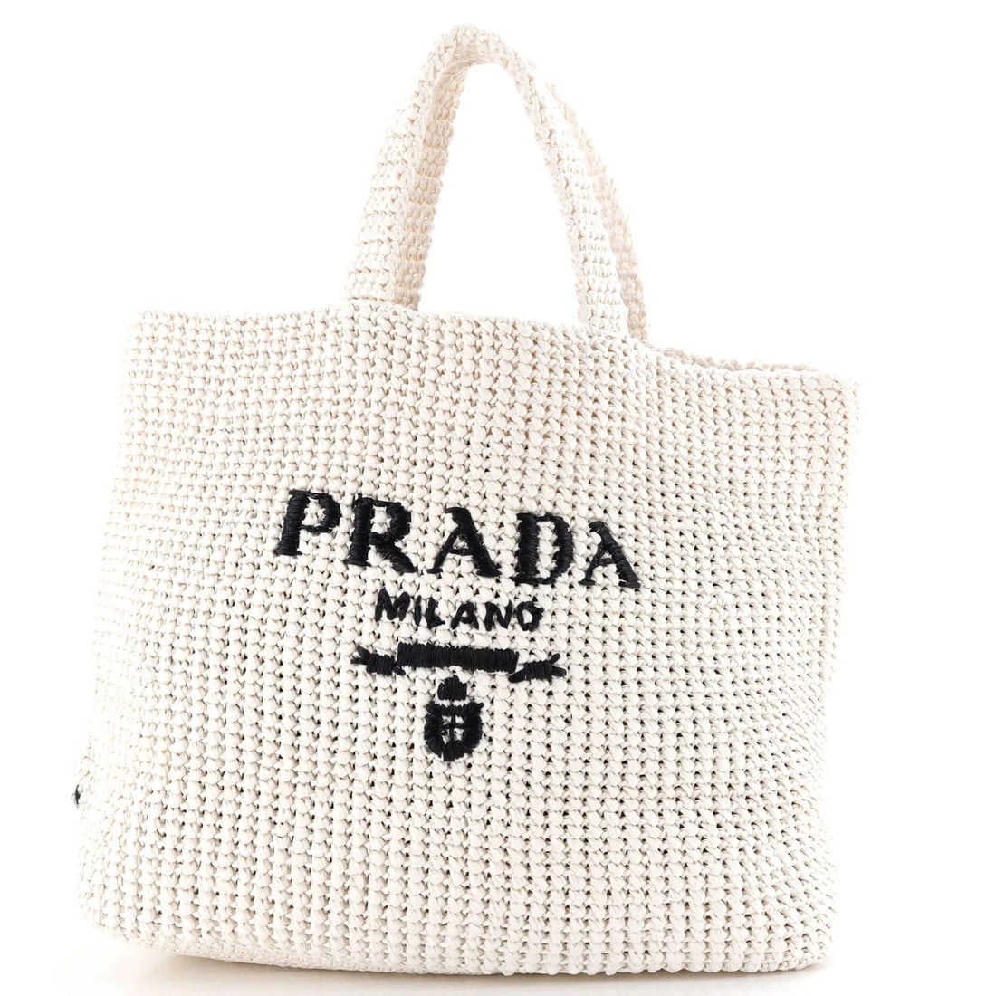 Raffia Large Tote Prada: Raffia Large Tote Prada White Raffia Large Tote with Logo from Prada, featuring a classic design with a 5.5" handle drop and interior made of matching raffia. The exterior shows minor scuffs, while th