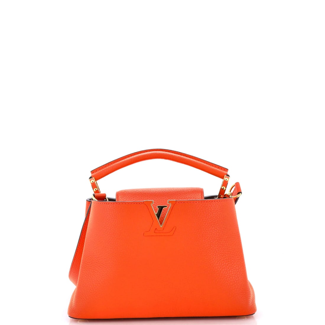Louis Vuitton Capucines Bag Leather BB: Louis Vuitton Capucines Bag Leather BB The Louis Vuitton Capucines Bag Leather BB is a vibrant orange top handle bag featuring high-quality leather exterior and interior, with gold hardware accents. M