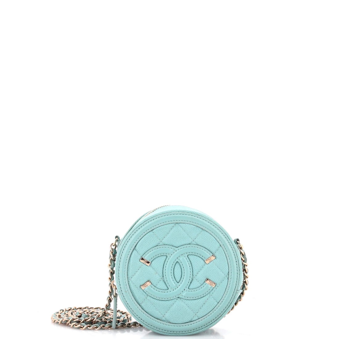 Mini Clutch Round Caviar Quilted Chain Filigree Chanel: Mini Clutch Round Caviar Quilted Chain Filigree Chanel Mini Clutch Round Caviar Quilted Chain Filigree Chanel features a blue leather exterior with a quilted chain and filigree design, showcasing a