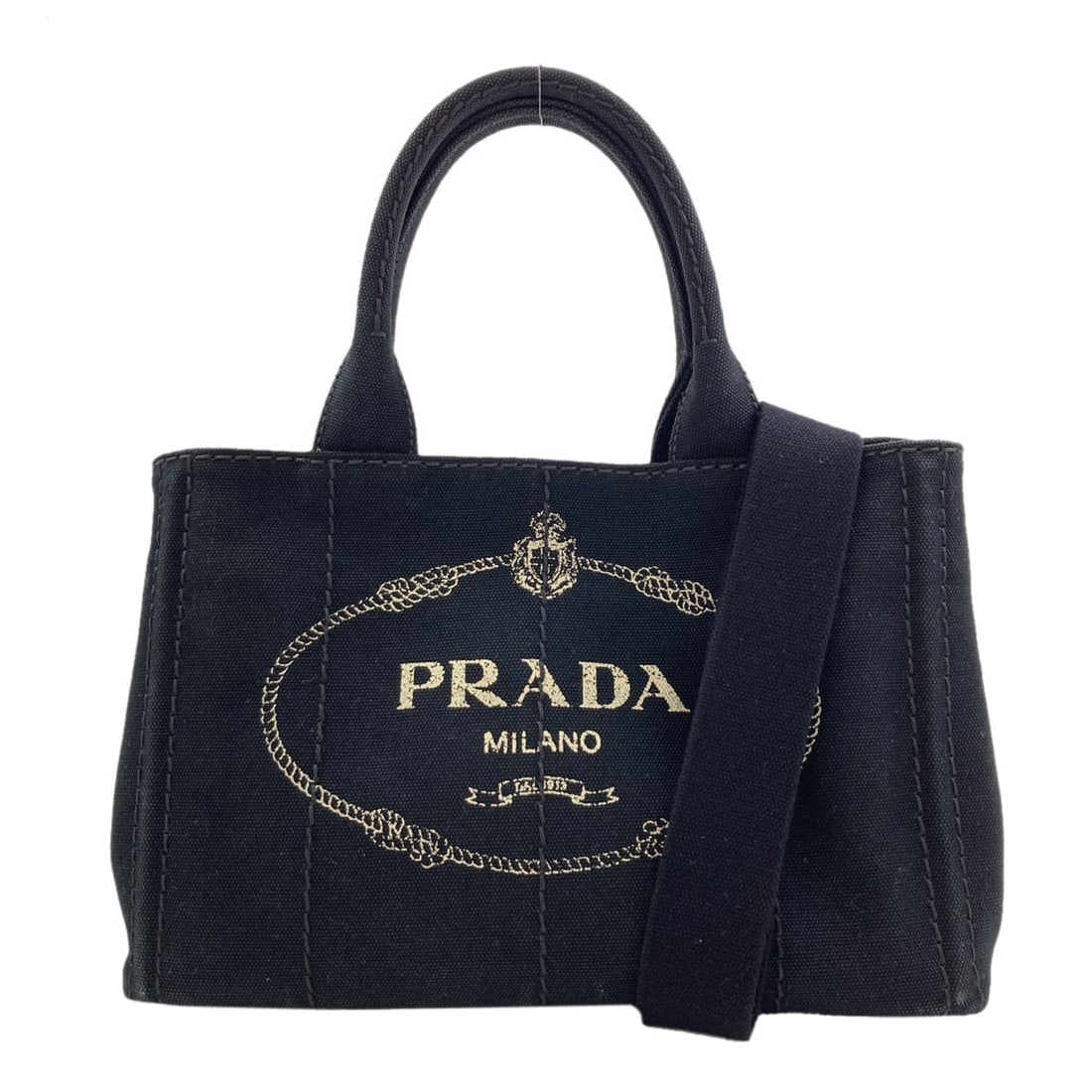 Mini Handbag Canvas 2 Way Prada: Mini Handbag Canvas 2 Way Prada Canvas 2 Way Prada Mini Handbag with Detachable Strap. Made from high-quality canvas, this 7.5 inch black handbag features a 5.9 inch depth and open closure. The bag's