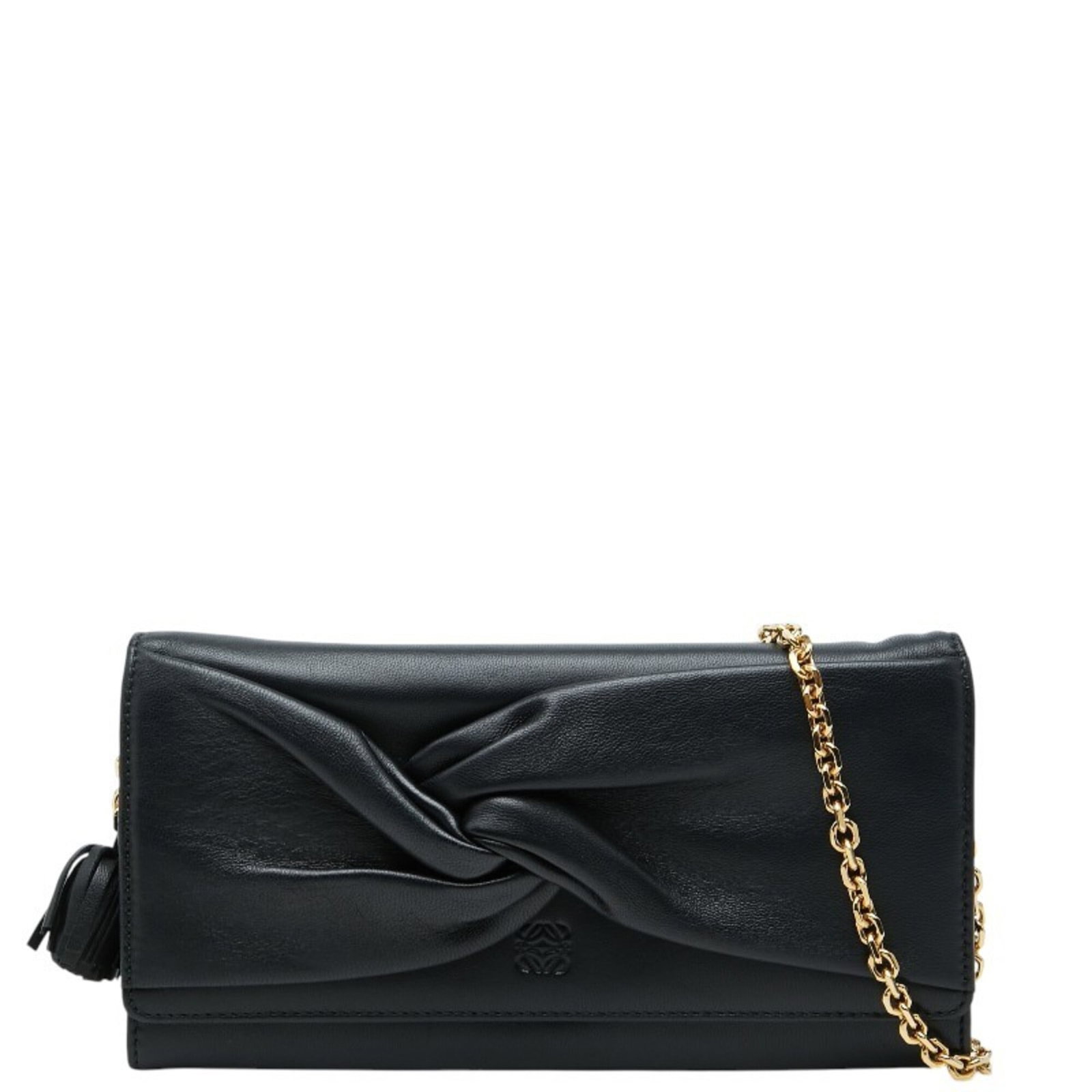 Loewe Chain Leather Wallet Shoulder: Loewe Chain Leather Wallet Shoulder Chain leather wallet with a sleek, shoulder design, crafted from high-quality black leather. The wallet's chain strap adds a touch of elegance, while its compact