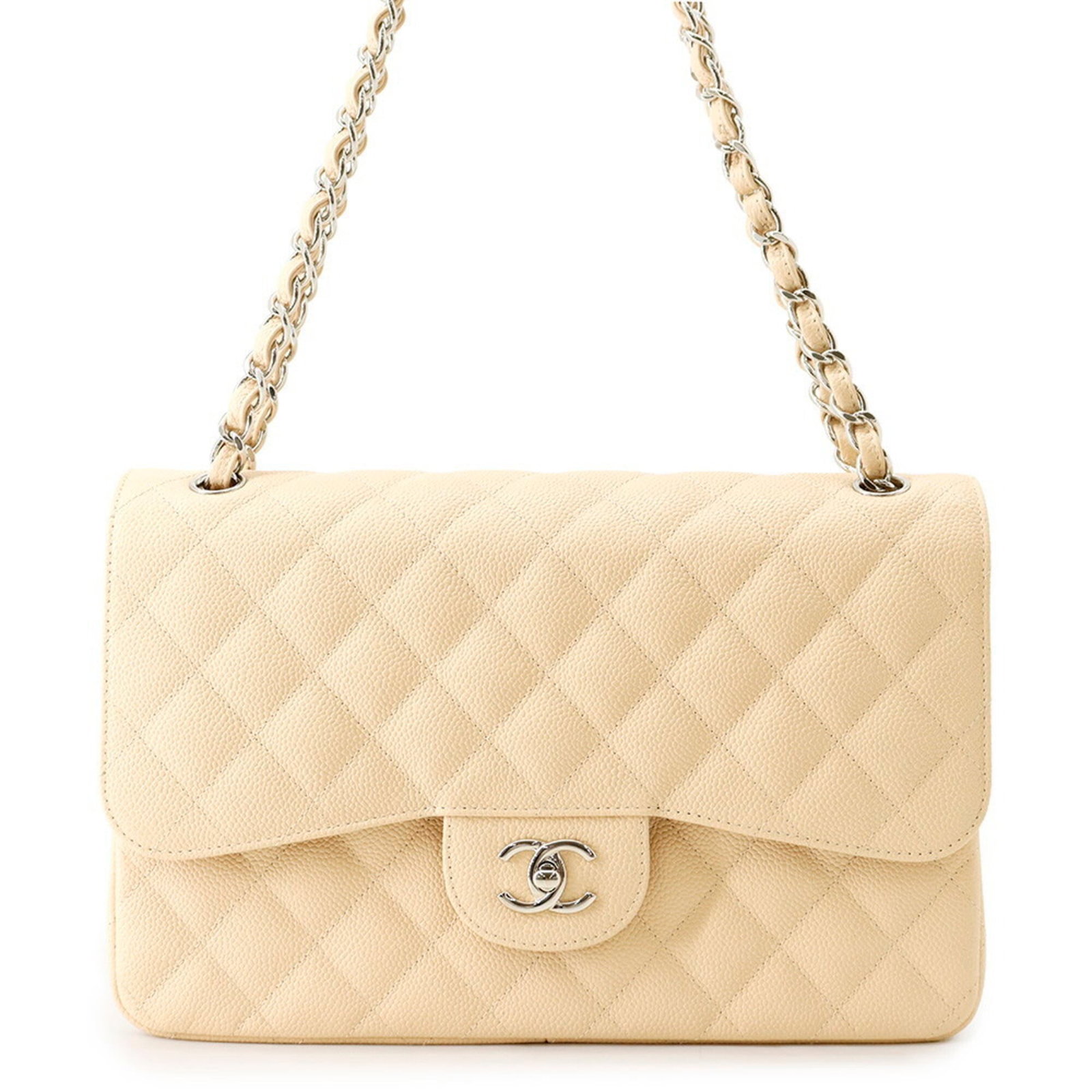 Calfskin Grained Shoulder Bag Handbag: Calfskin Grained Shoulder Bag Handbag Calfskin Grained Shoulder Bag Handbag in Beige, featuring a classic design with a subtle texture from the grained material, and elegant silver hardware accents.