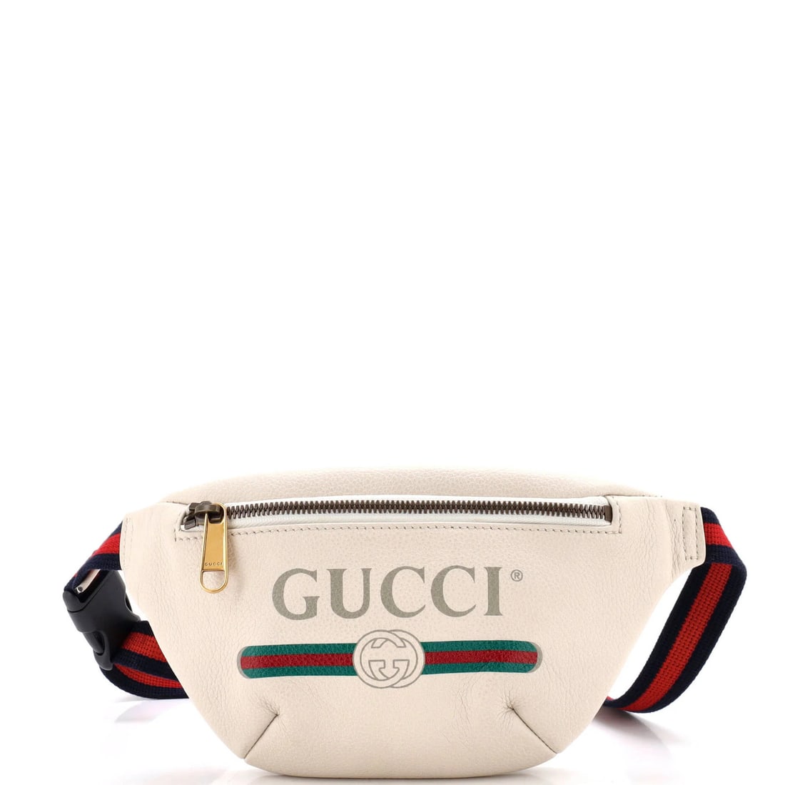 Small Leather Printed Belt Bag Gucci: Small Leather Printed Belt Bag Gucci Small Leather Printed Belt Bag Gucci features a white exterior with minor creases and a gold hardware accent. The interior boasts a neutral fabric lining, while