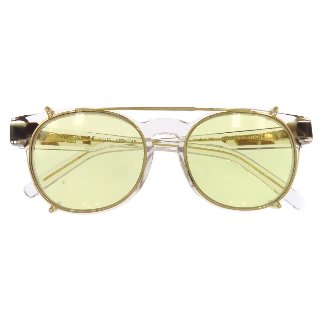 Louis Vuitton Sunglasses Logo Z1088E: Louis Vuitton Sunglasses Logo Z1088E Yellow Louis Vuitton sunglasses with a clear frame and yellow exterior, featuring the brand's logo. Made from plastic, these sunglasses showcase a classic design