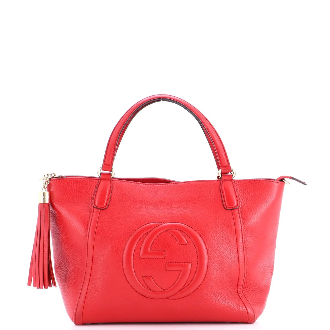 Small leather handle top bag convertible Gucci Soho: Small leather handle top bag convertible Gucci Soho Red leather small top handle bag with convertible design, featuring a gold tone Gucci Soho logo. The bag has a classic design with a 4.5" handle