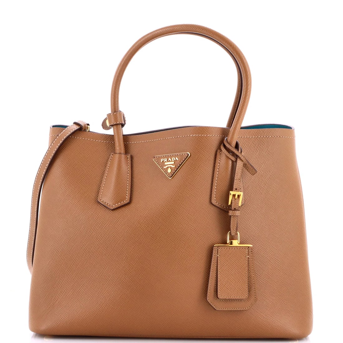 Saffiano Leather Cuir Tote Double Prada Medium: Saffiano Leather Cuir Tote Double Prada Medium Saffiano Leather Cuir Tote Double Prada Medium is a luxurious double tote bag featuring Saffiano leather exterior in brown color. The bag boasts a