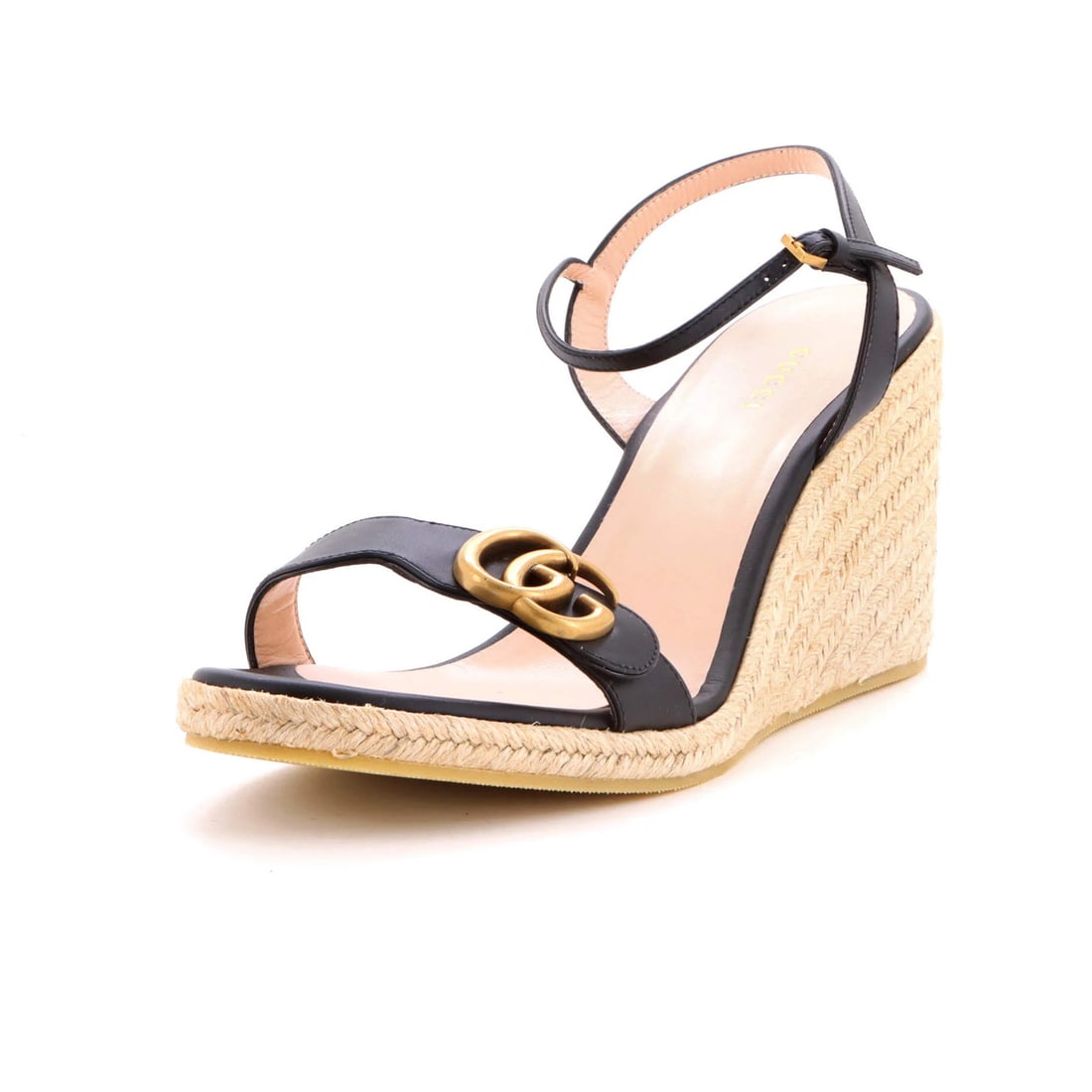 Women's Espadrilles Wedge Aitana Leather Gucci: Women's Espadrilles Wedge Aitana Leather Gucci Black leather Gucci Aitana wedge espadrilles with aged gold hardware, featuring a neutral interior and jute exterior. Excellent condition with light