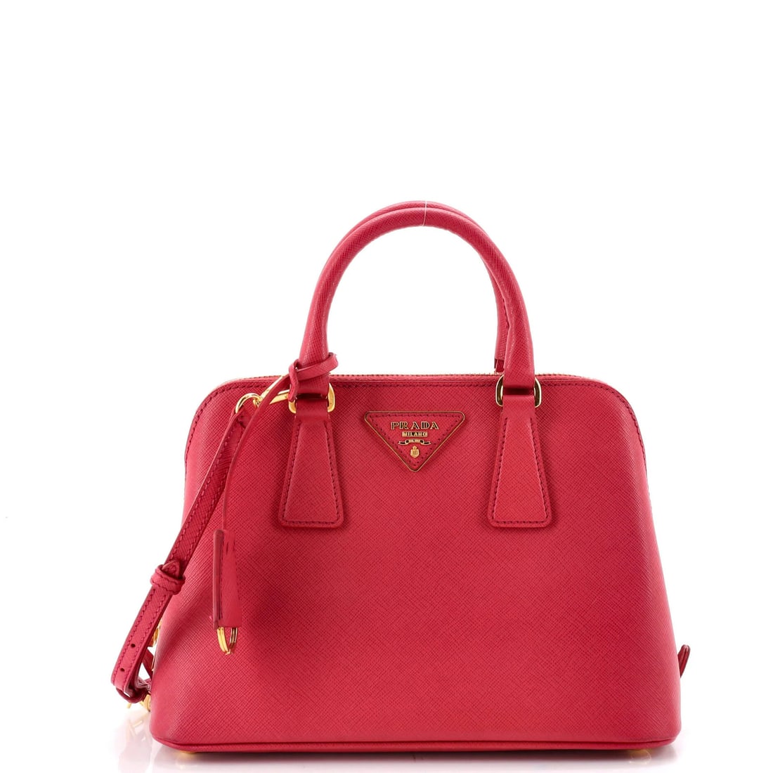 Bag Saffiano Leather Small Prada Promenade: Bag Saffiano Leather Small Prada Promenade Small Prada Promenade Saffiano Leather Bag in Pink. This Prada bag features Saffiano leather exterior with pink interior and gold hardware, measuring 7" tall