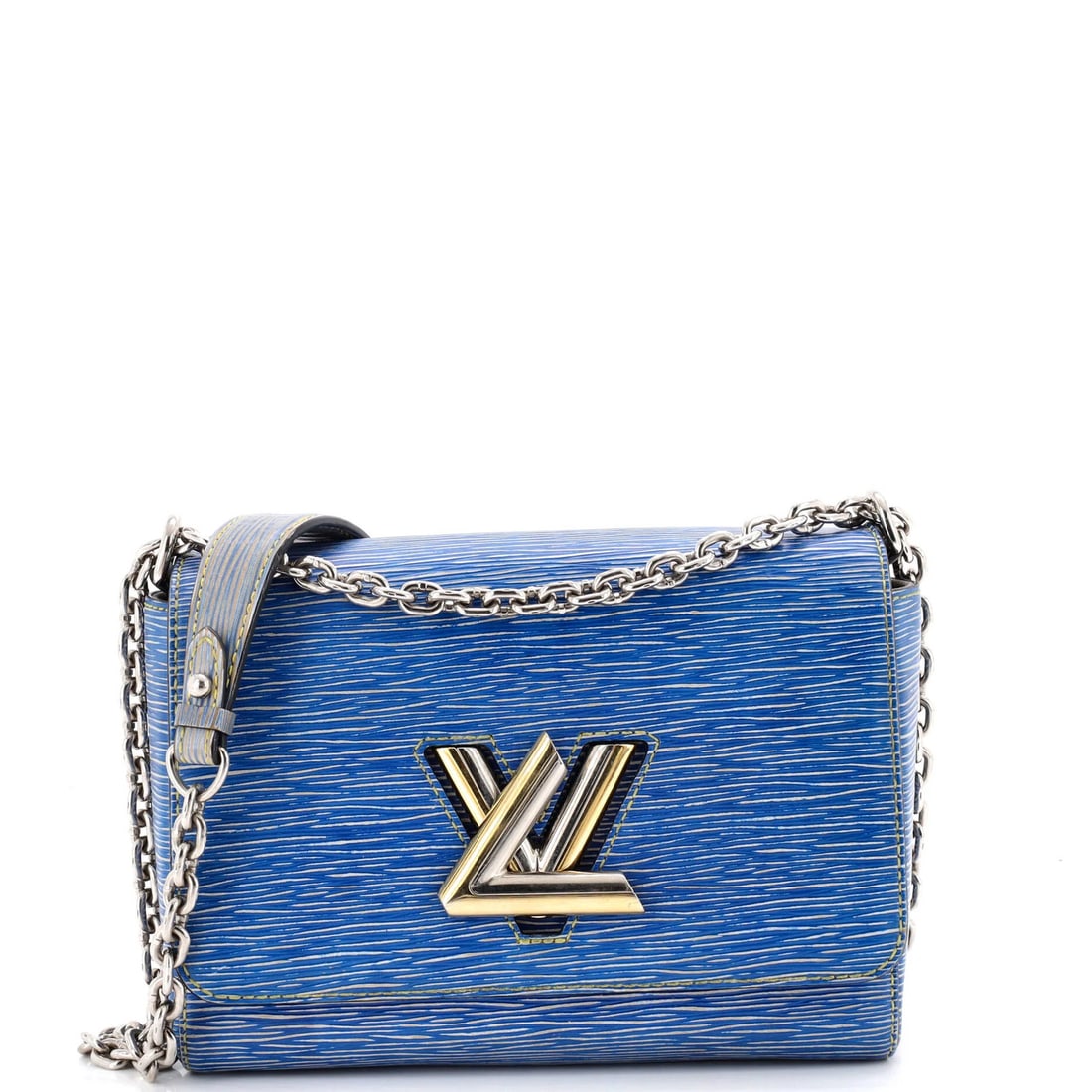 Louis Vuitton Twist Handbag Epi Leather MM: Louis Vuitton Twist Handbag Epi Leather MM Twist Handbag Epi Leather MM in Blue and White, featuring a classic cross body design with a 12" handle drop and 23" strap drop, made from high-quality Epi
