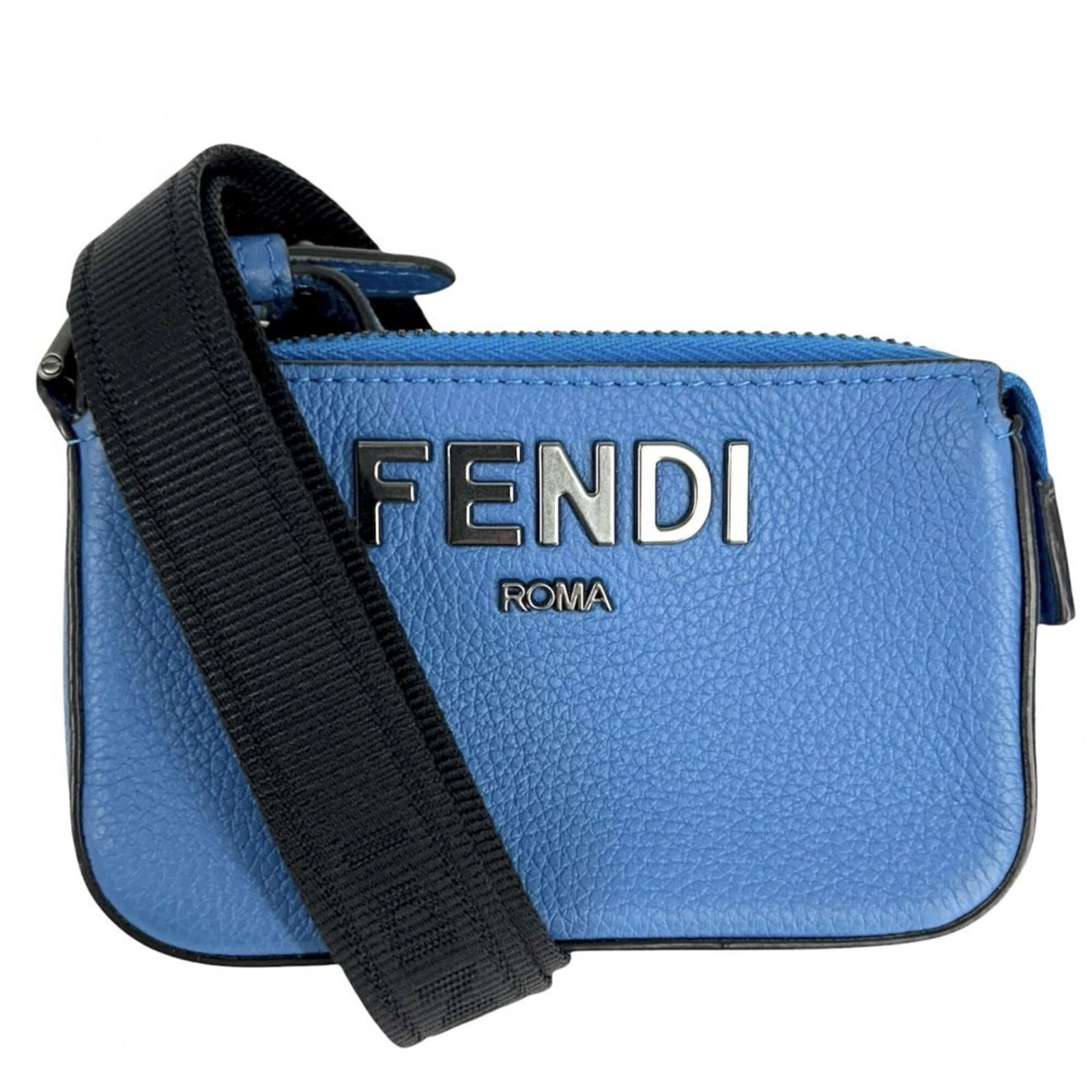 Pouch Leather By Fendi: Pouch Leather By Fendi Pouch Leather By Fendi is a blue leather pouch made from high-quality material. It features a 45cm strap length and measures 7.5cm x 12cm x 2cm. The pouch bears a signature from