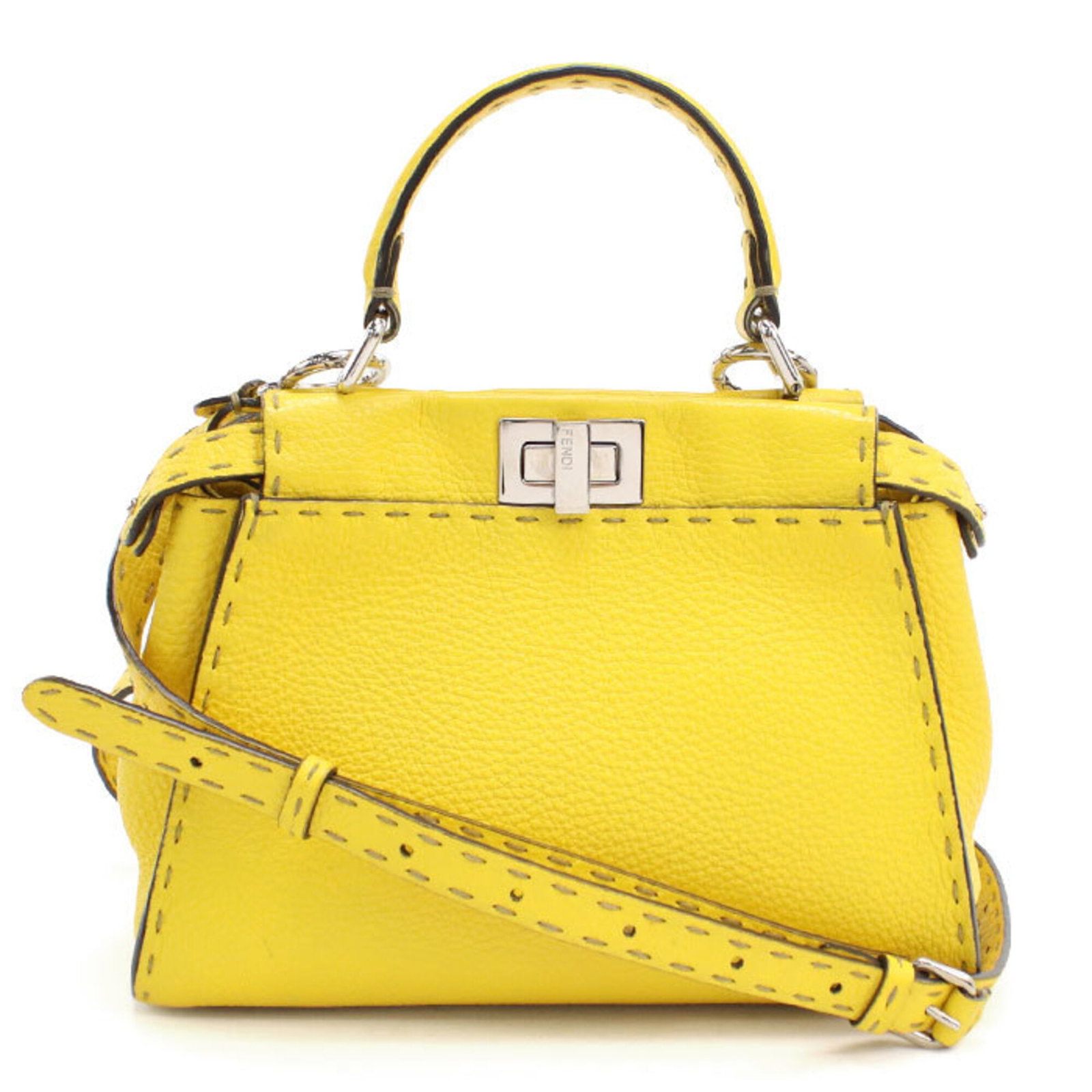 Handbag Leather Fendi: Handbag Leather Fendi Handbag made from high-quality leather, specifically calfskin, with a bright yellow color and silver hardware. Measuring 18cm x 23.5cm x 11.5cm, this Fendi handbag is a stylish a
