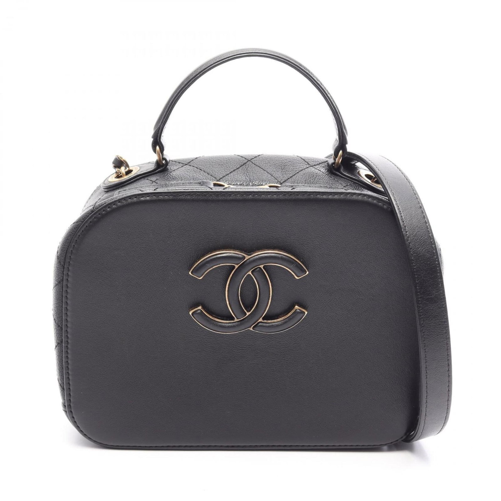 Handbag Chanel Leather Vanity Shoulder Bag: Handbag Chanel Leather Vanity Shoulder Bag Black leather Chanel vanity shoulder bag with a compact size of 14cm x 18.5cm x 7.5cm, perfect for everyday use. This stylish bag features a classic design w