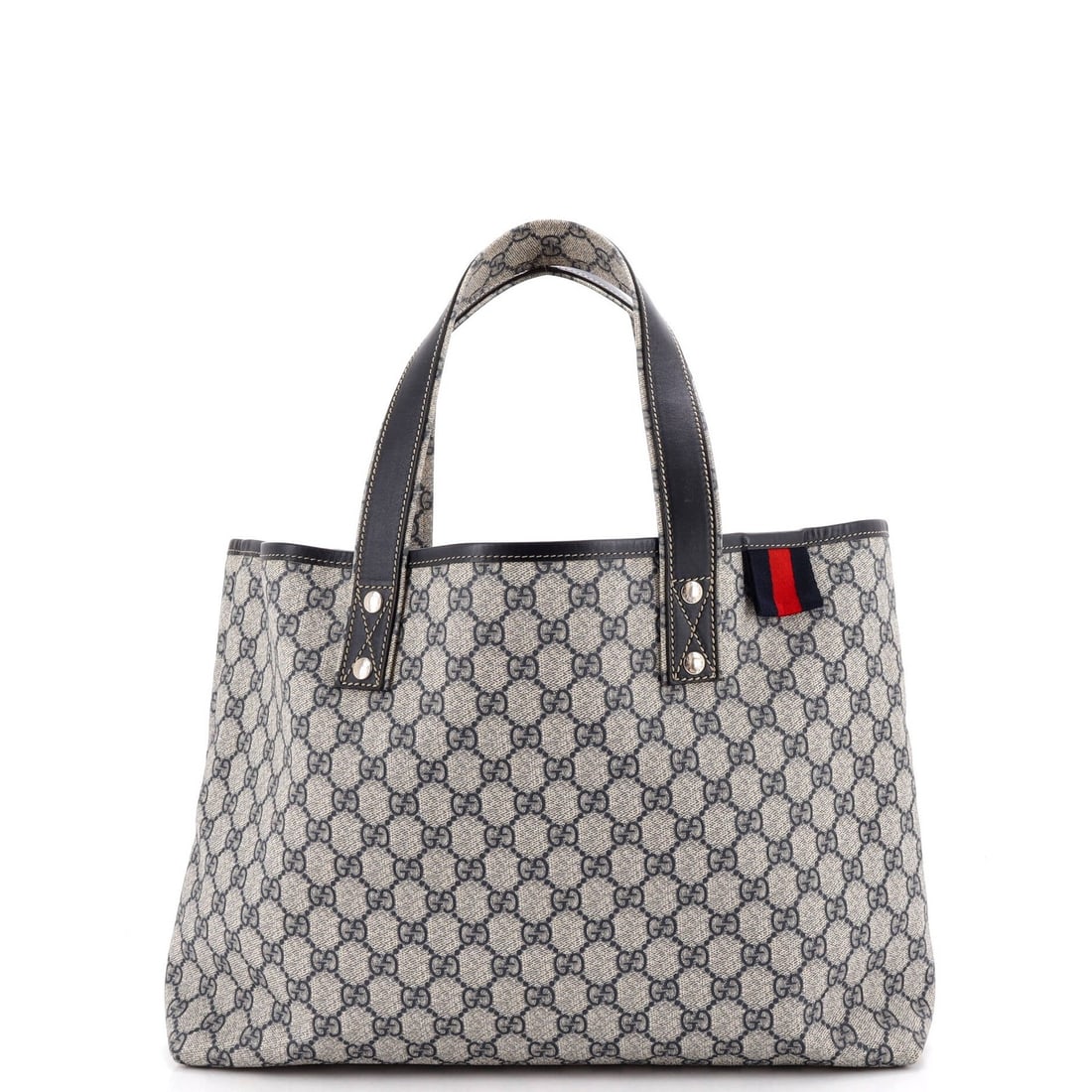 GG Coated Canvas Gucci Web Medium Tote: GG Coated Canvas Gucci Web Medium Tote Blue GG Coated Canvas Web Loop Tote in Medium Size, featuring a classic Gucci design with canvas exterior and neutral interior, and silver hardware accents. This