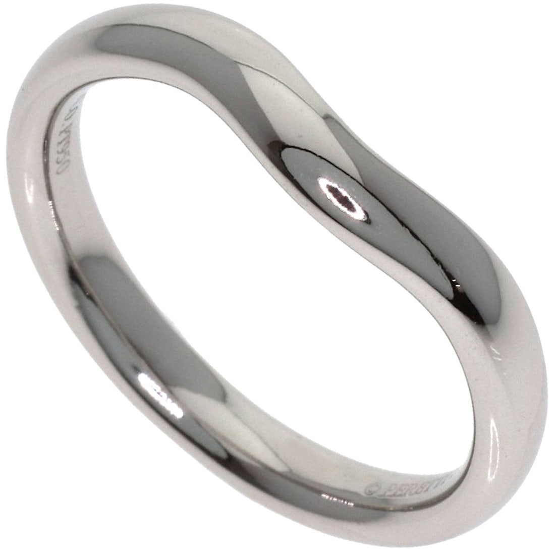 Tiffany Co Platinum Ring Band Curved: Tiffany Co Platinum Ring Band Curved Platinum ring band with a curved design, crafted by Tiffany & Co. in 950 platinum. This silver-toned ring features no main stone and is available in size 7(US). It