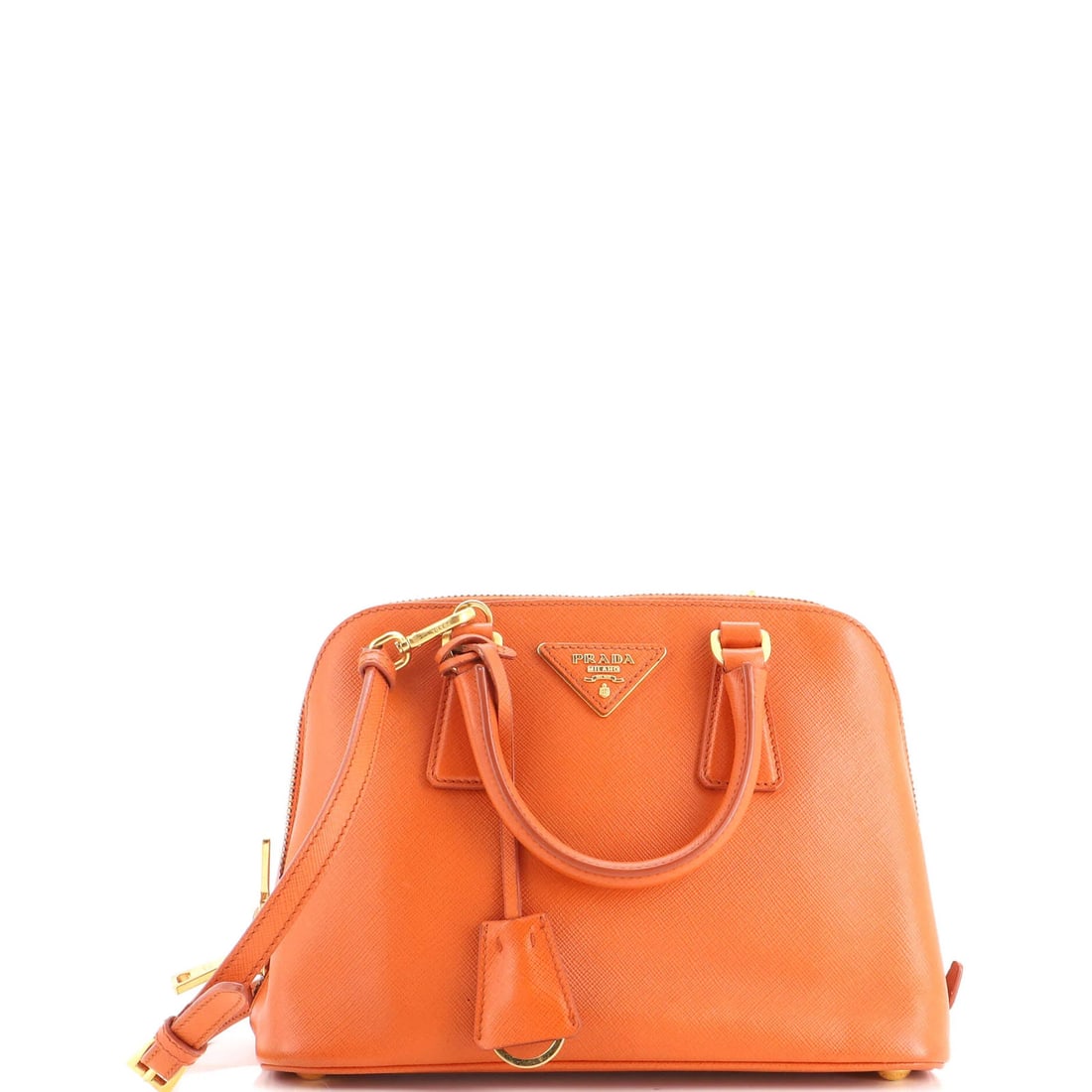 Small Saffiano Leather Bag Prada: Small Saffiano Leather Bag Prada Small Saffiano Leather Bag Prada in vibrant orange exterior, featuring a clochette with adjustable strap and measuring 7" in height, 10" in width, and 4" in depth. Thi