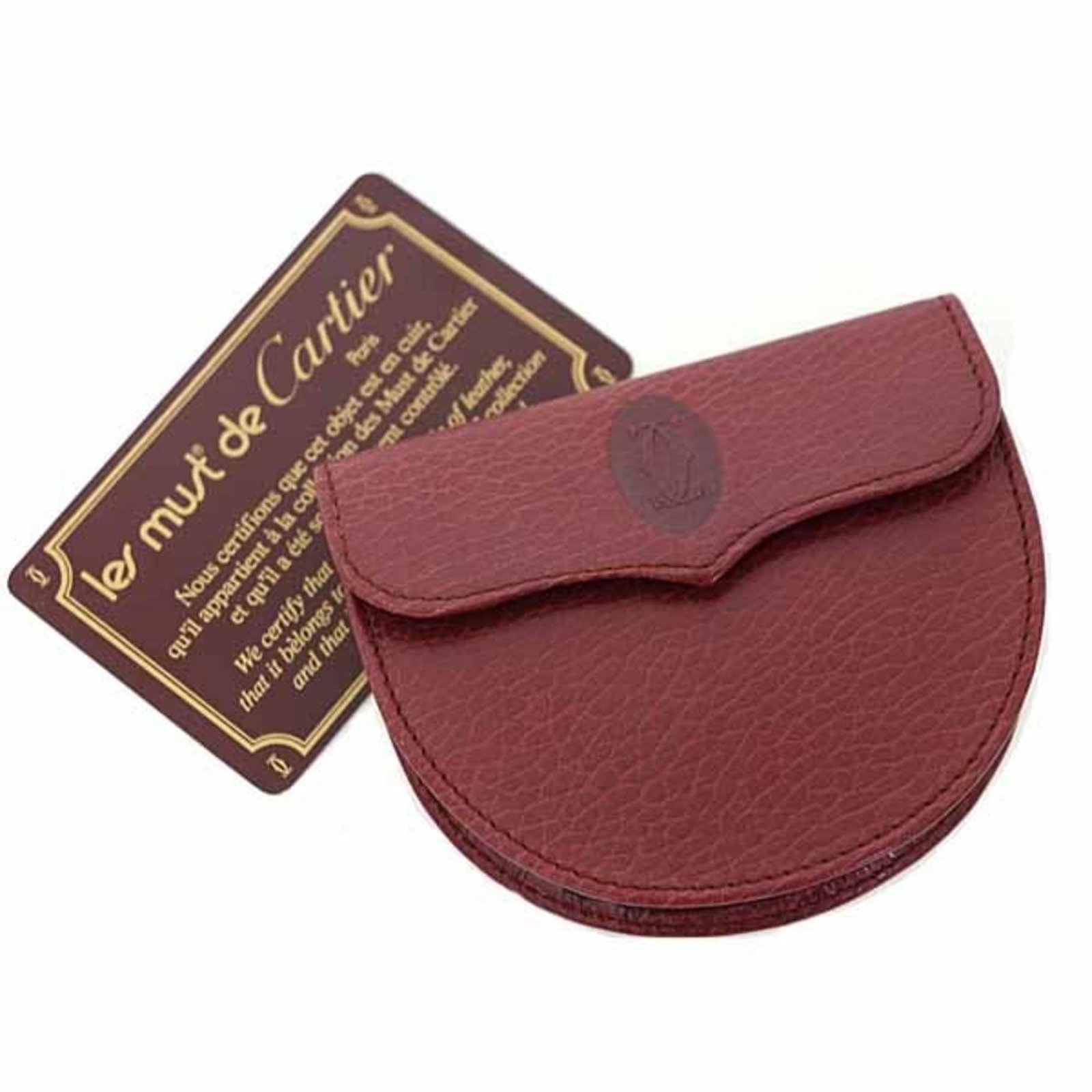 Coin Case Leather Purse Cartier: Coin Case Leather Purse Cartier Cartier's Bordeaux leather coin case purse is a stylish and compact accessory, measuring 8cm x 9.5cm x 2.3cm and adorned with a rich, wine-red hue. The item comes with