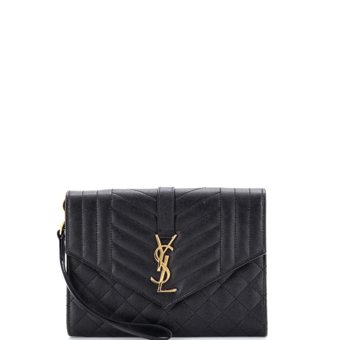 Laurent Saint Classic Monogram Envelope Matelasse Leather Clutch Wristlet: Laurent Saint Classic Monogram Envelope Matelasse Leather Clutch Wristlet Black Matelasse Leather Clutch Wristlet with Gold Hardware, featuring the Classic Monogram Envelope design, measures 6" tall,