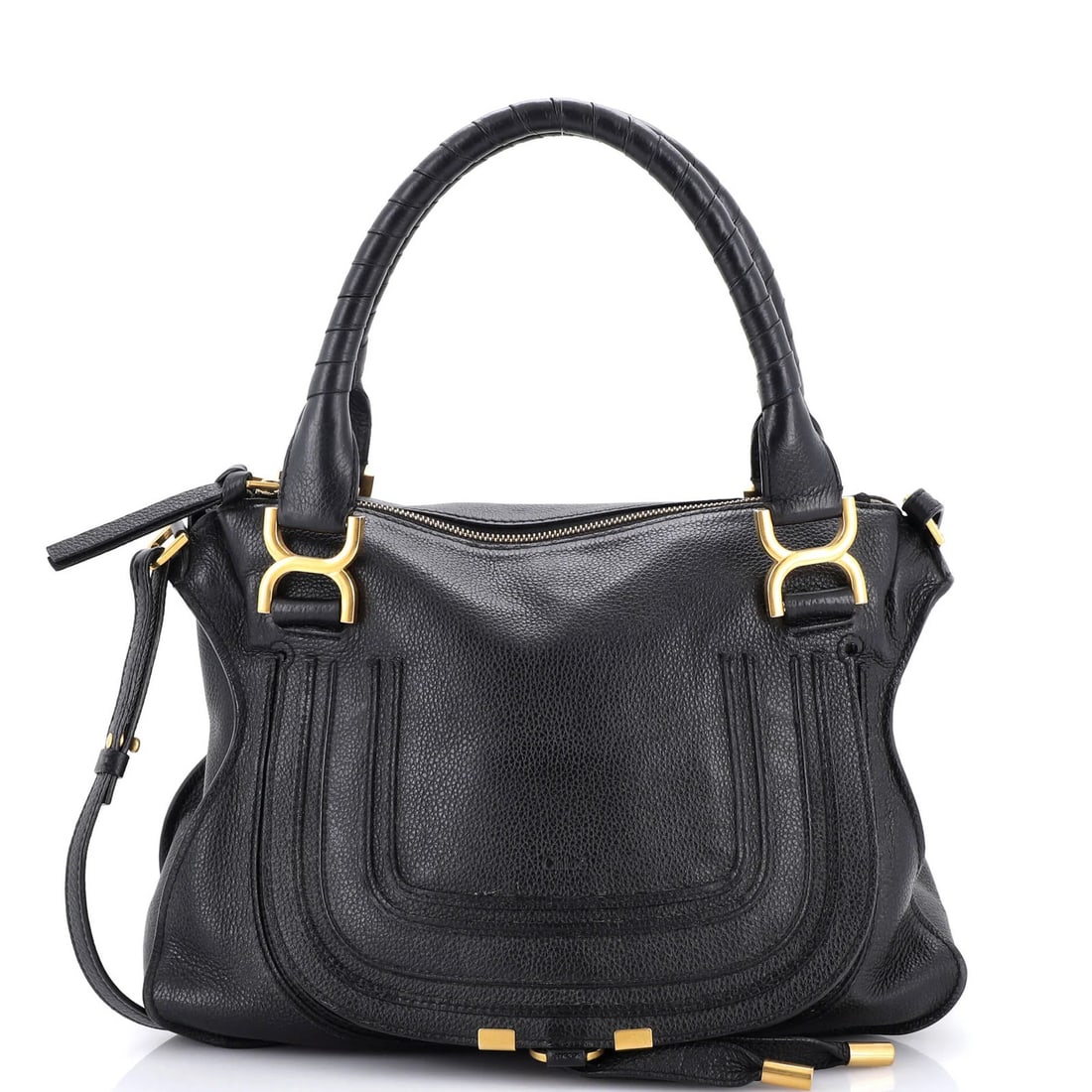 Chloe Satchel Marcie Leather Medium: Chloe Satchel Marcie Leather Medium Black leather Marcie satchel with medium size, 6" handle drop and 18.5" strap drop, features aged gold hardware and a neutral interior. The exterior shows heavy cre