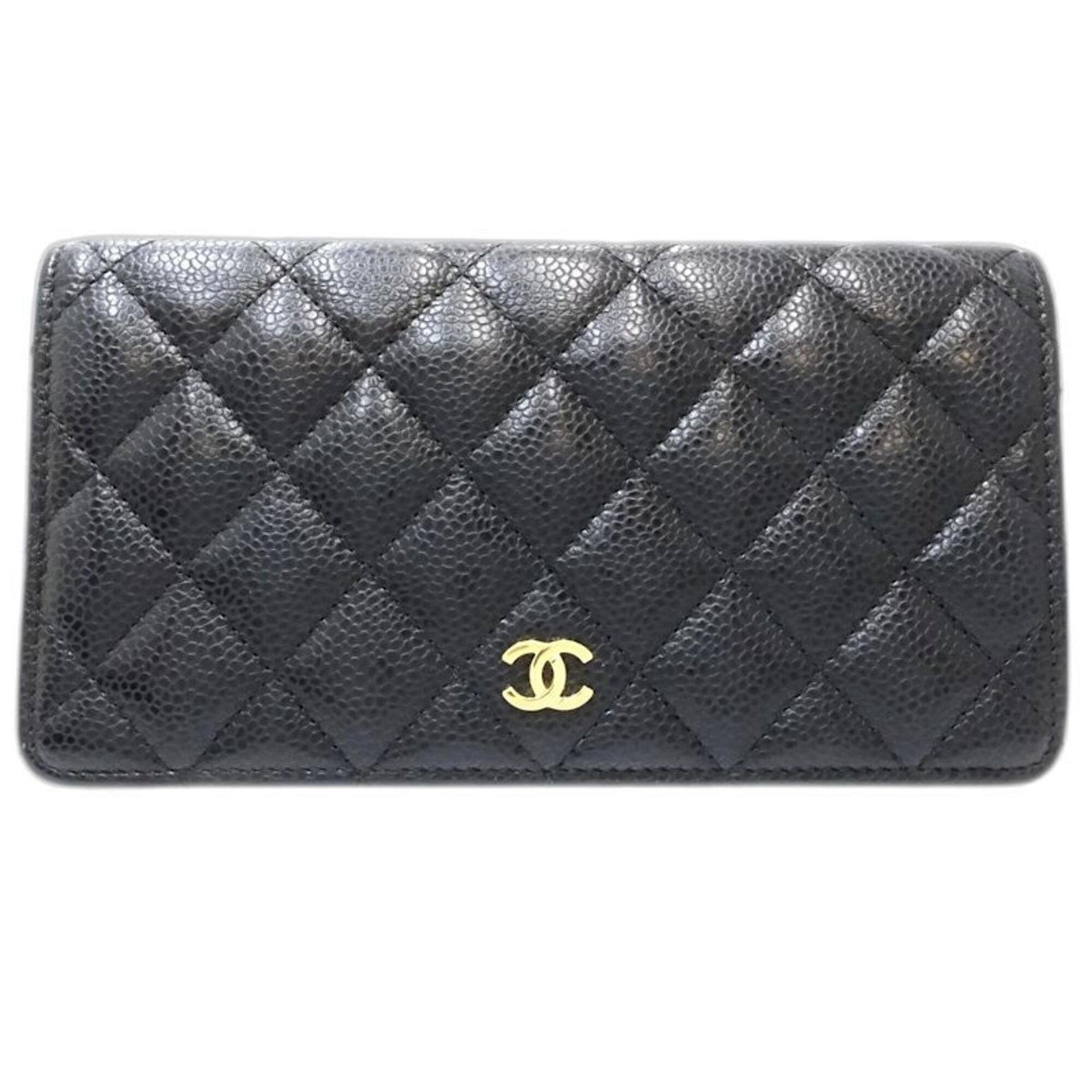 Chanel Long Wallet (Bi-Fold) Grained Calfskin: Chanel Long Wallet (Bi-Fold) Grained Calfskin The Chanel Long Wallet in black features a sleek, bi-fold design crafted from high-quality grained calfskin. Measuring 10cm x 18.5cm x 2.5cm, this