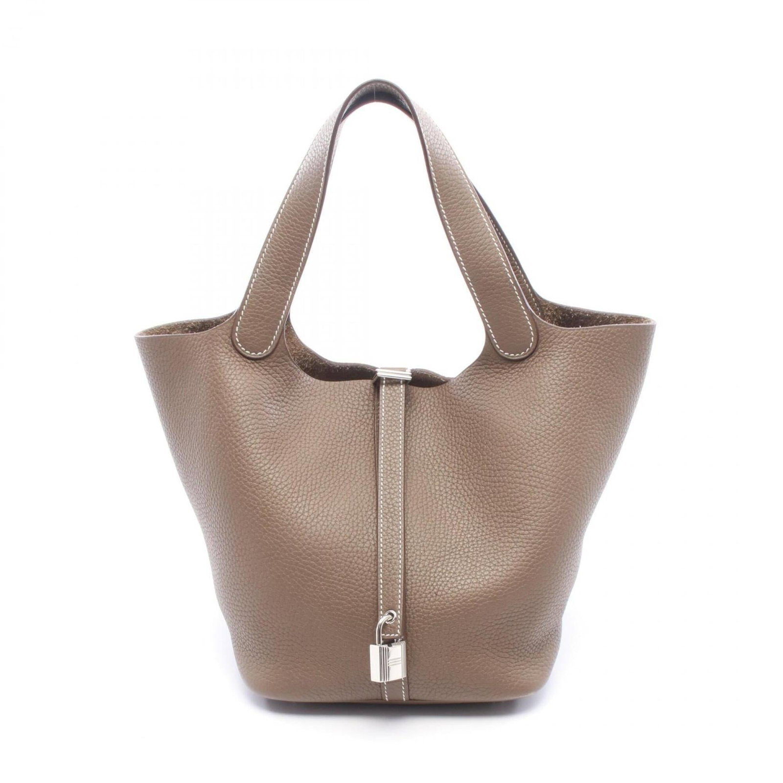 Clemence Leather Handbag Taurillon Hermes: Clemence Leather Handbag Taurillon Hermes Taurillon clemence leather handbag from Hermes, featuring a distinctive Etoupe gray color and a lock on the outer pocket. Measuring 21cm x 22cm x 17cm, this