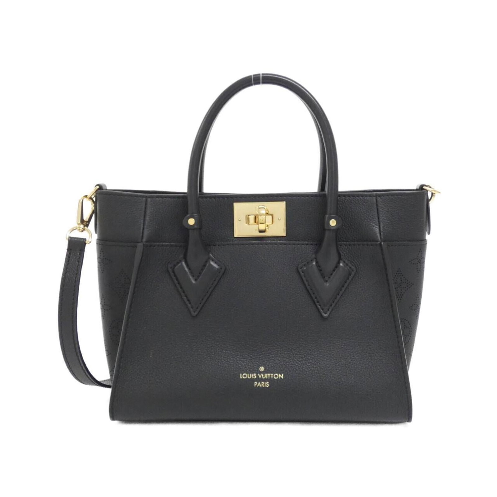 Handbag Leather Louis Vuitton: Handbag Leather Louis Vuitton Handbag made from high-quality calf leather in a sleek black finish, featuring gold-toned hardware. Measuring 20cm x 25cm x 12cm, this stylish accessory is designed to co