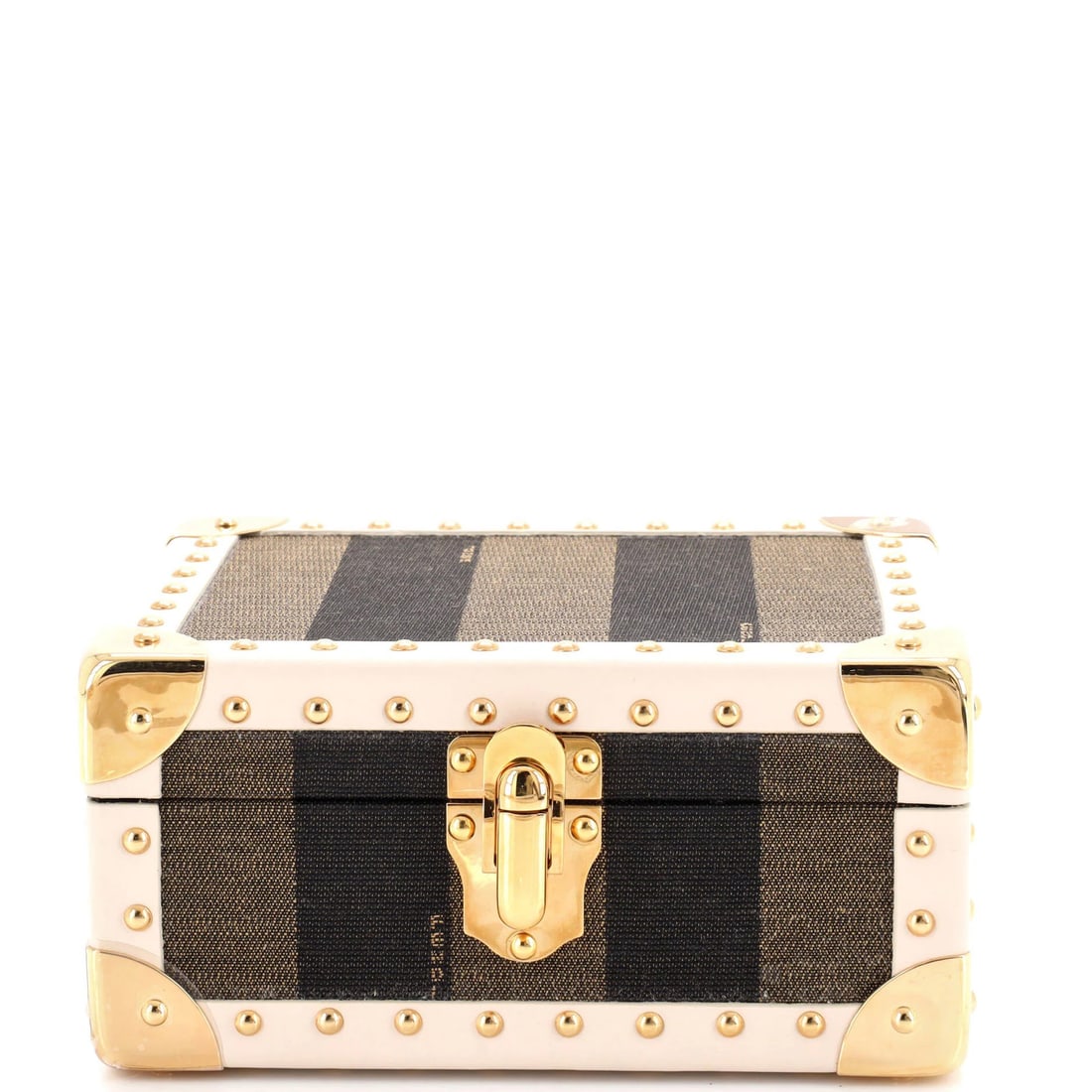 Jewelry Case Leather Fendi Pequin Canvas with Trunk: Jewelry Case Leather Fendi Pequin Canvas with Trunk Canvas and leather come together in a neutral-toned Fendi Pequin jewelry case, featuring a classic trunk design with gold hardware. The exterior