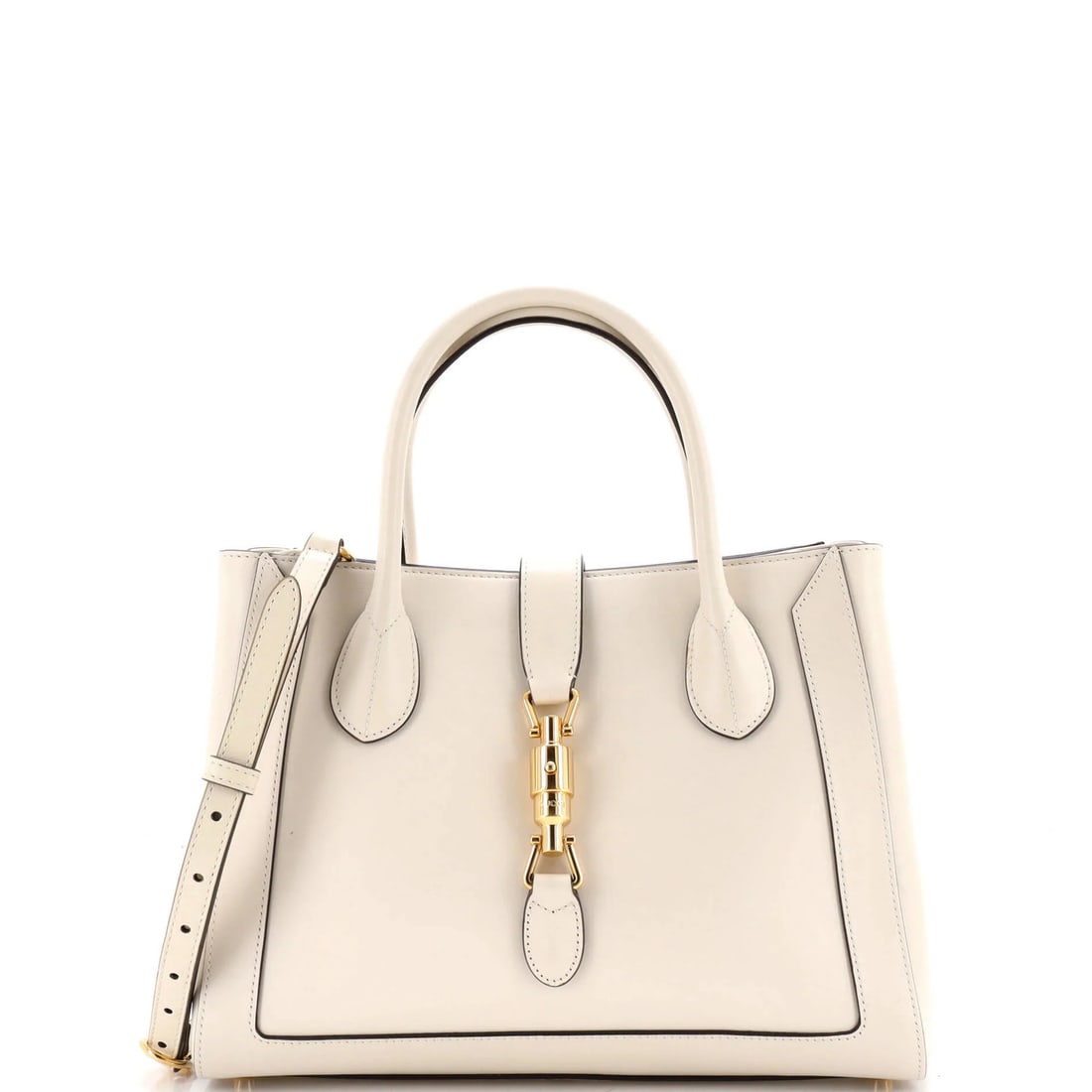 Medium Leather Web Tote Gucci 1961: Medium Leather Web Tote Gucci 1961 Medium Leather Web Tote Gucci 1961 features a classic Jackie style with a white leather exterior and neutral microfiber interior. The iconic web design adds a touch