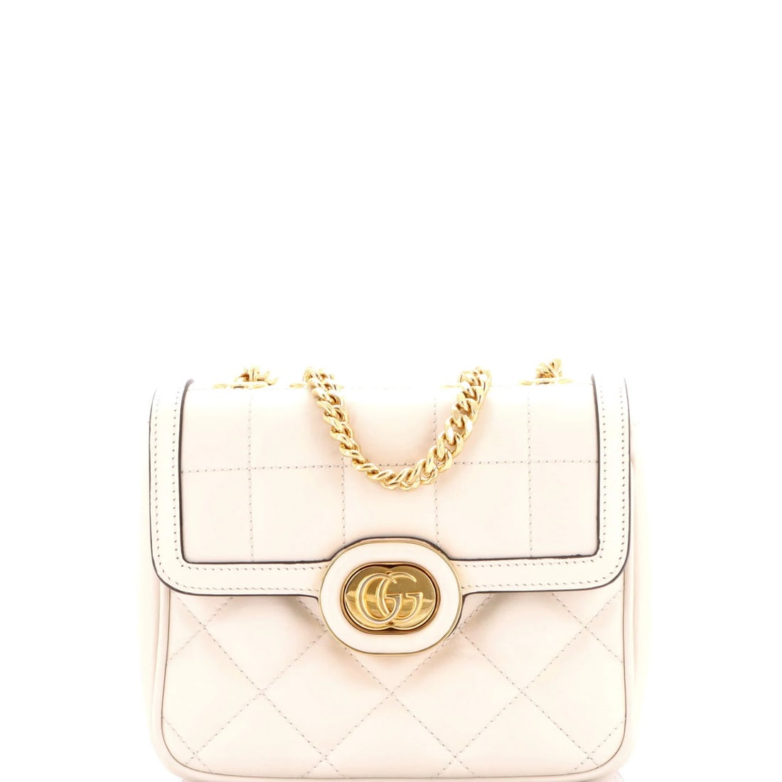 Chain Flap Bag Gucci Matelasse Leather Mini: Chain Flap Bag Gucci Matelasse Leather Mini Chain Flap Bag in White Matelasse Leather Mini from Gucci. This stylish mini bag features a signature chain flap and mixed matelasse leather exterior, with