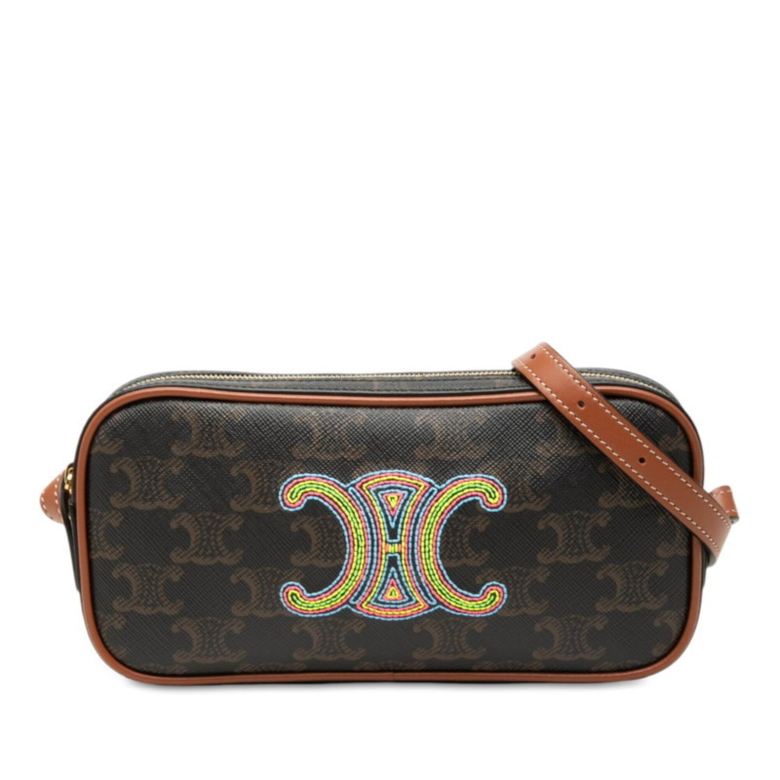 Pvc Leather Celine Shoulder Bag: Pvc Leather Celine Shoulder Bag PVC and leather combine in this Celine shoulder bag, designed with a brown color and dimensions of 9cm x 19.5cm x 3.5cm. The bag's unique material blend and compact