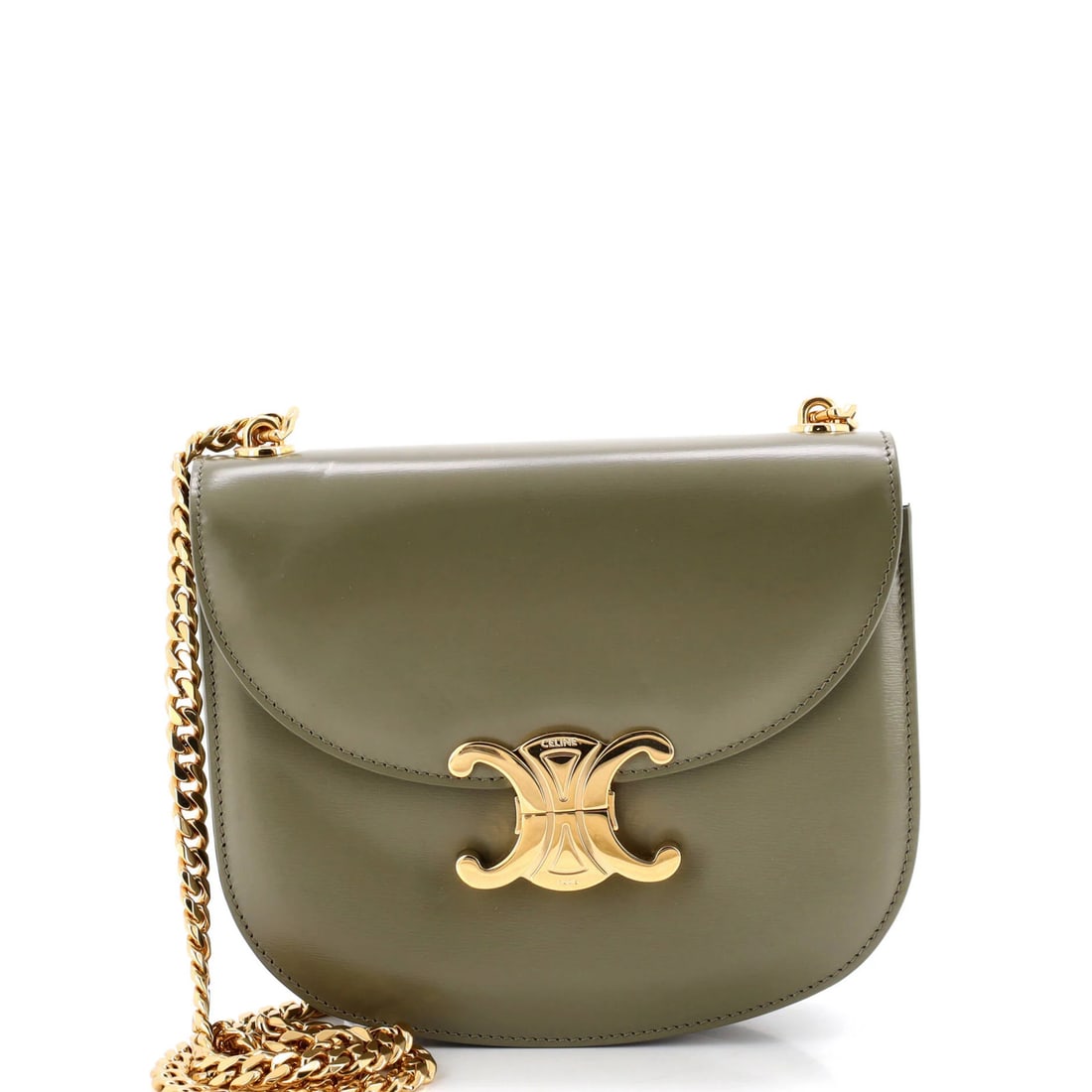 Clea Chain Leather Bag Triomphe Flap Besace: Clea Chain Leather Bag Triomphe Flap Besace The Celine Chain Leather Bag Triomphe Flap Besace is a unique, green leather shoulder bag with a gold chain flap. Measuring 6" tall, 7" wide, and 2" deep,
