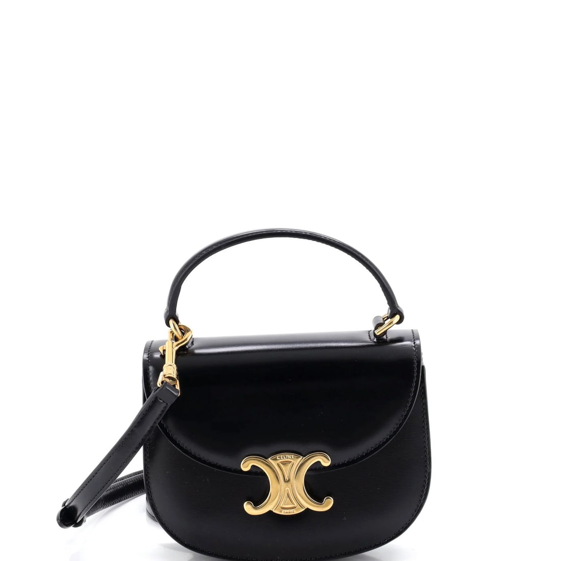 Triomphe Besace Clea Top Handle Bag Leather Mini: Triomphe Besace Clea Top Handle Bag Leather Mini Black leather mini top handle bag with gold hardware, featuring a clean and classic design. The Triomphe Besace Clea boasts a sleek exterior with minor