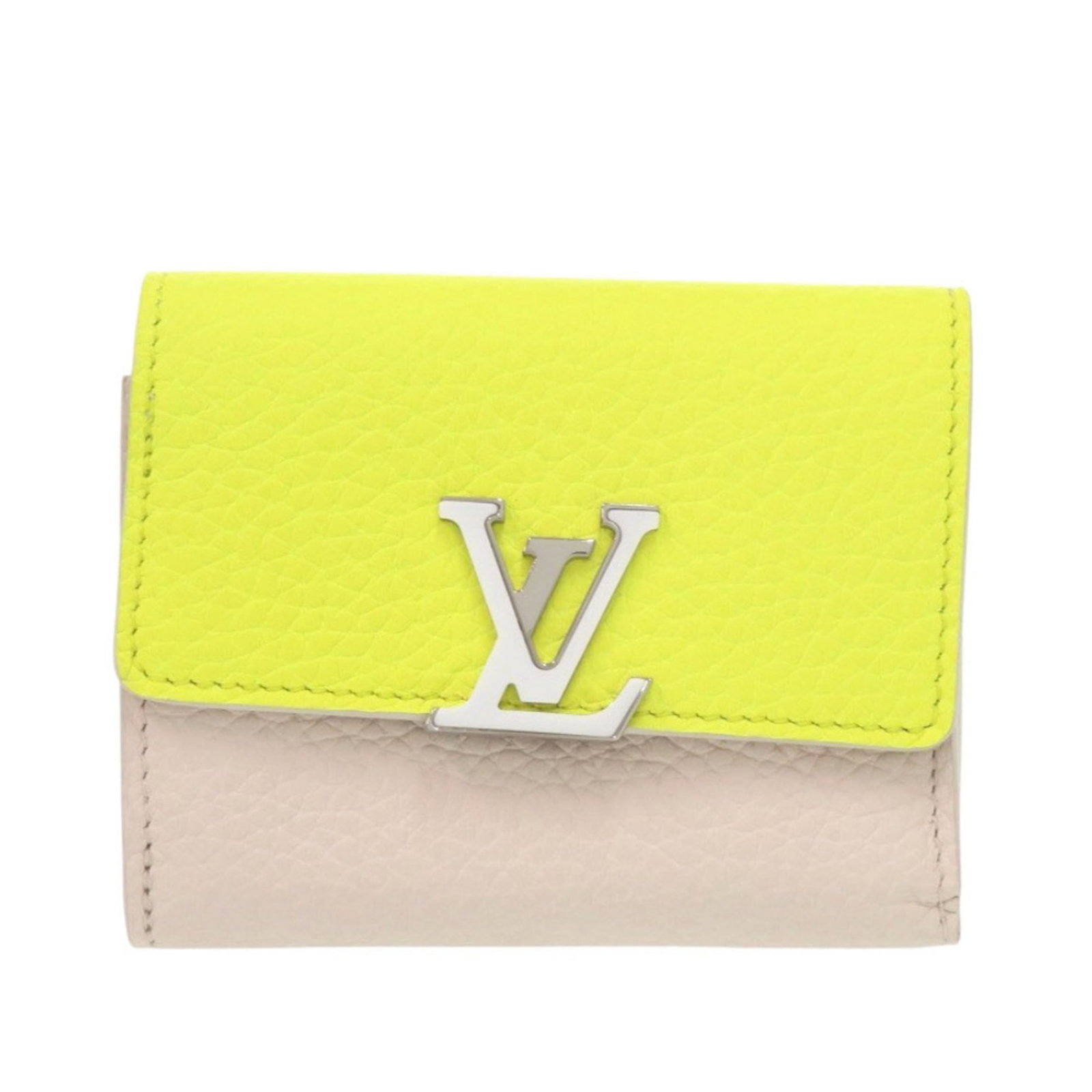 Louis Vuitton Wallet (Tri-Fold) Leather: Louis Vuitton Wallet (Tri-Fold) Leather Tri-fold leather wallet from Louis Vuitton, crafted with Taurillon leather in beige and yellow hues. This classic design features a durable and stylish