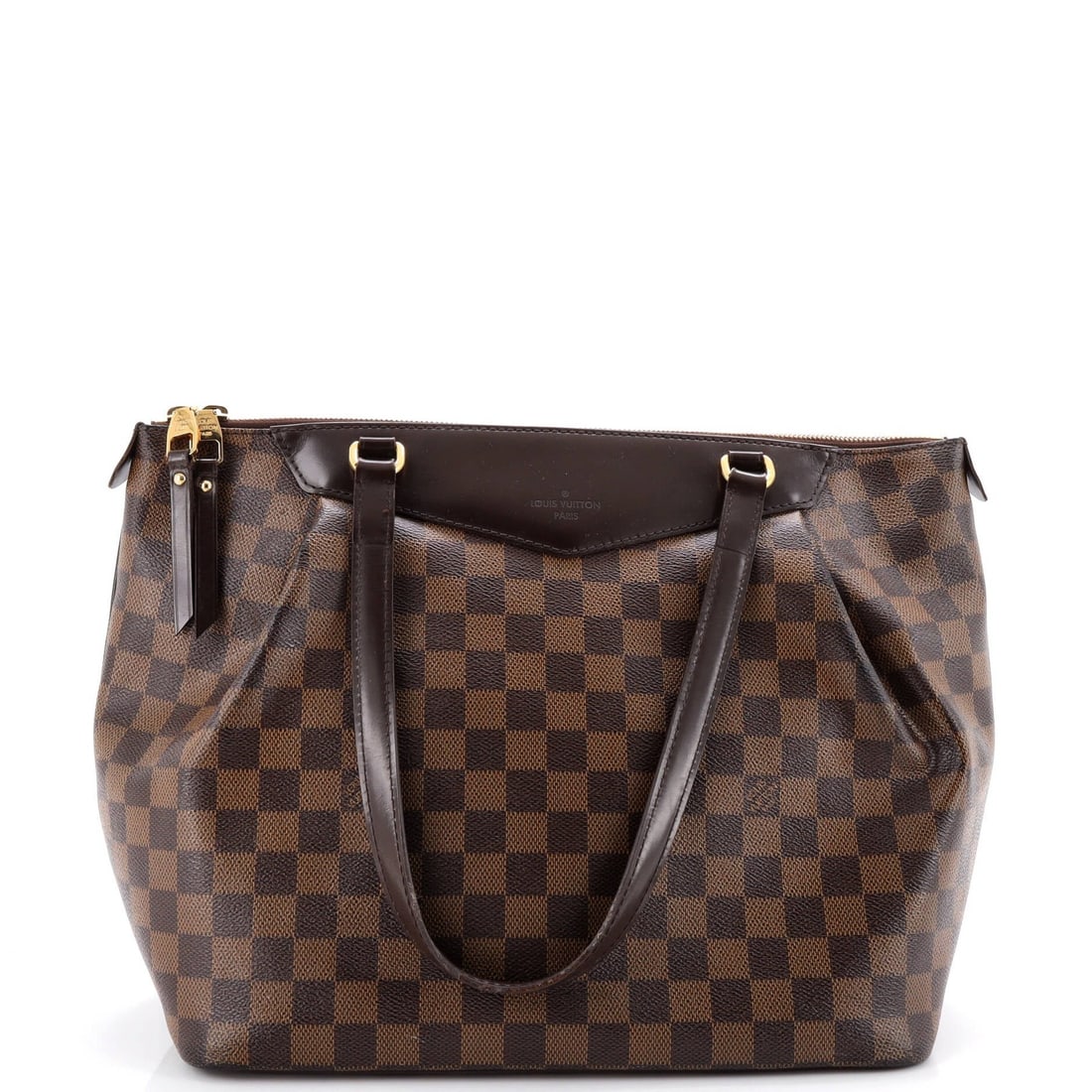 Damier Handbag Louis Vuitton Westminster: Damier Handbag Louis Vuitton Westminster The Damier GM Louis Vuitton Westminster handbag boasts a classic design with a rich, brown canvas coated leather exterior, complemented by a striking red