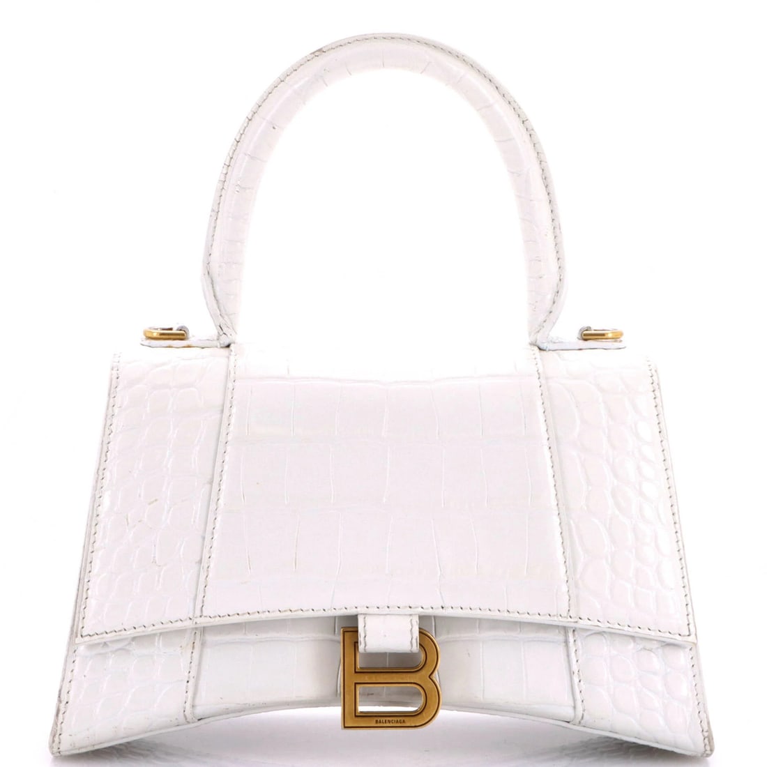 Crocodile Embossed Leather Small Handle Top Bag Hourglass Balenciaga: Crocodile Embossed Leather Small Handle Top Bag Hourglass Balenciaga Small, white Balenciaga cross body bag with a crocodile embossed leather top handle and a gold-toned hourglass shape. This small