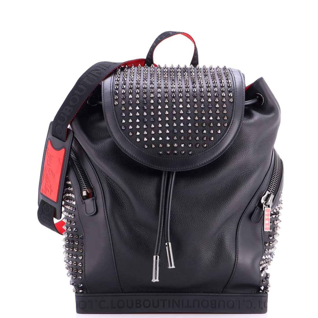 Backpack Spiked Leather Christian Louboutin Explorafunk: Backpack Spiked Leather Christian Louboutin Explorafunk Black leather backpack with spiked exterior, featuring a unique Explorafunk design. The backpack has minor creases and scuffs on the exterior