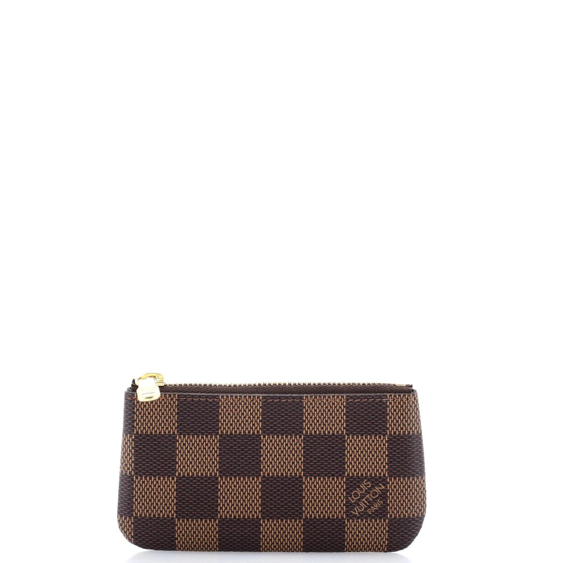 Key Pouch Damier by Louis Vuitton: Key Pouch Damier by Louis Vuitton Brown canvas coated Damier key pouch by Louis Vuitton, featuring a classic design with a gold-toned hardware. Measuring 2.5" in height, 4.5" in width, and 1" in