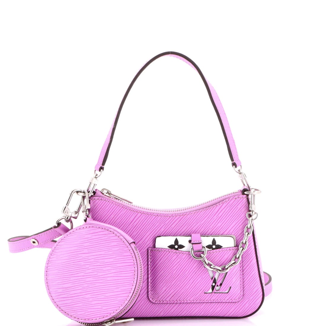Marellini Handbag Vuitton Epi Leather Louis: Marellini Handbag Vuitton Epi Leather Louis Purple Marellini Handbag with Epi Leather Exterior, featuring a mirror pochette with strap, measures 5" x 8" x 2". The exterior shows signs of wear,